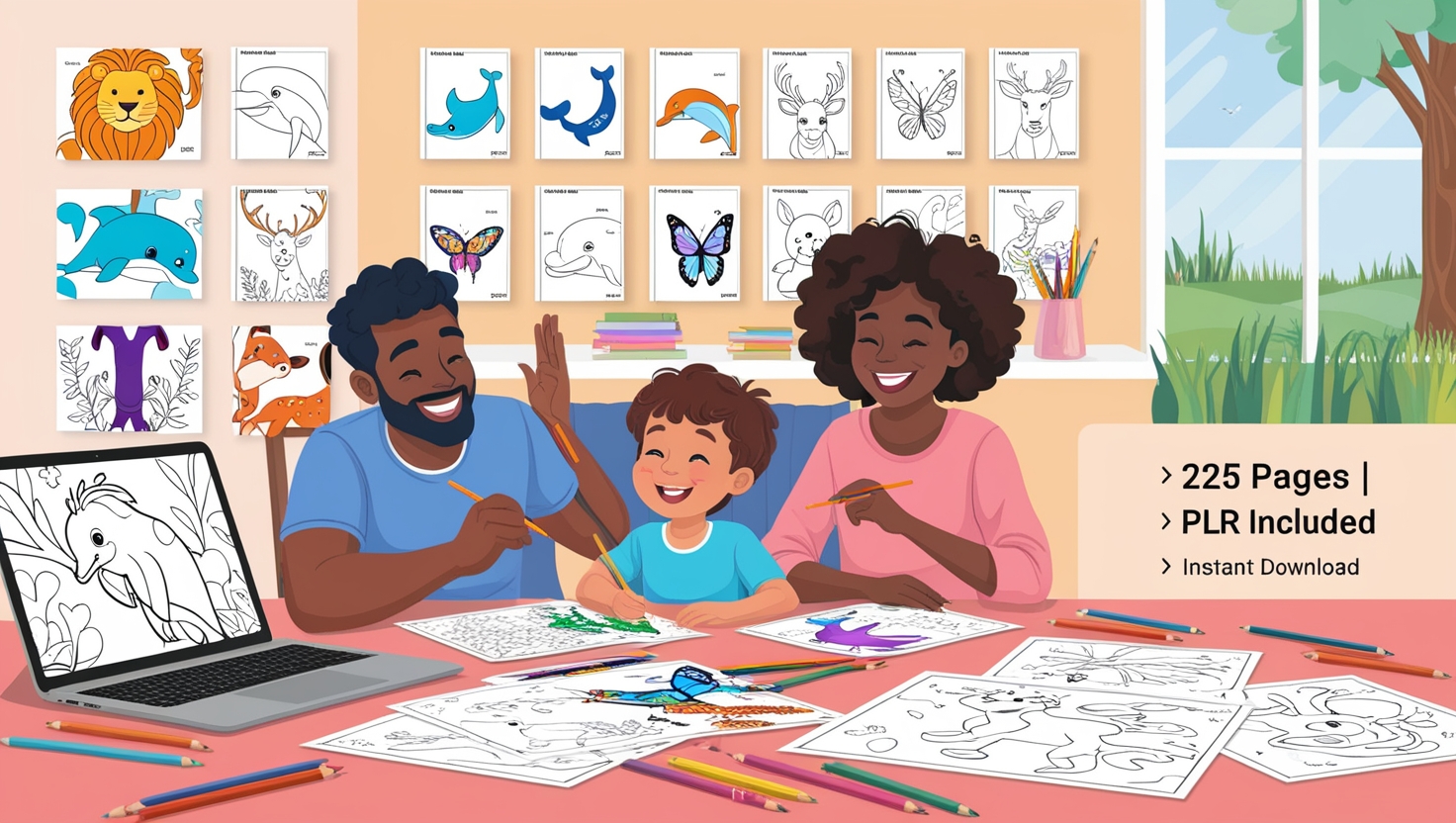 225 Easy Animal Coloring Pages for Kids & Adults (PLR Included!) – Instant Digital Download + 40 FREE Book Covers!