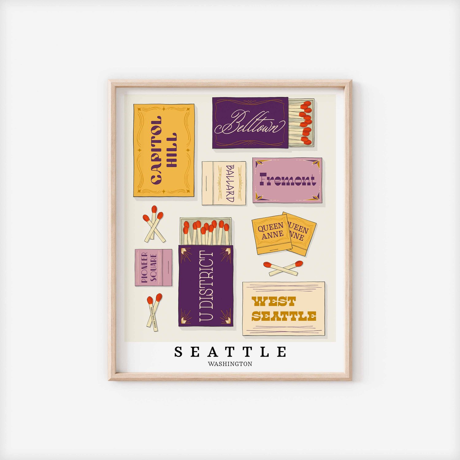 A framed picture of Seattle, Washington neighborhoods drawn in various lettering styles on matchboxes. Artwork has a purple and yellow color scheme