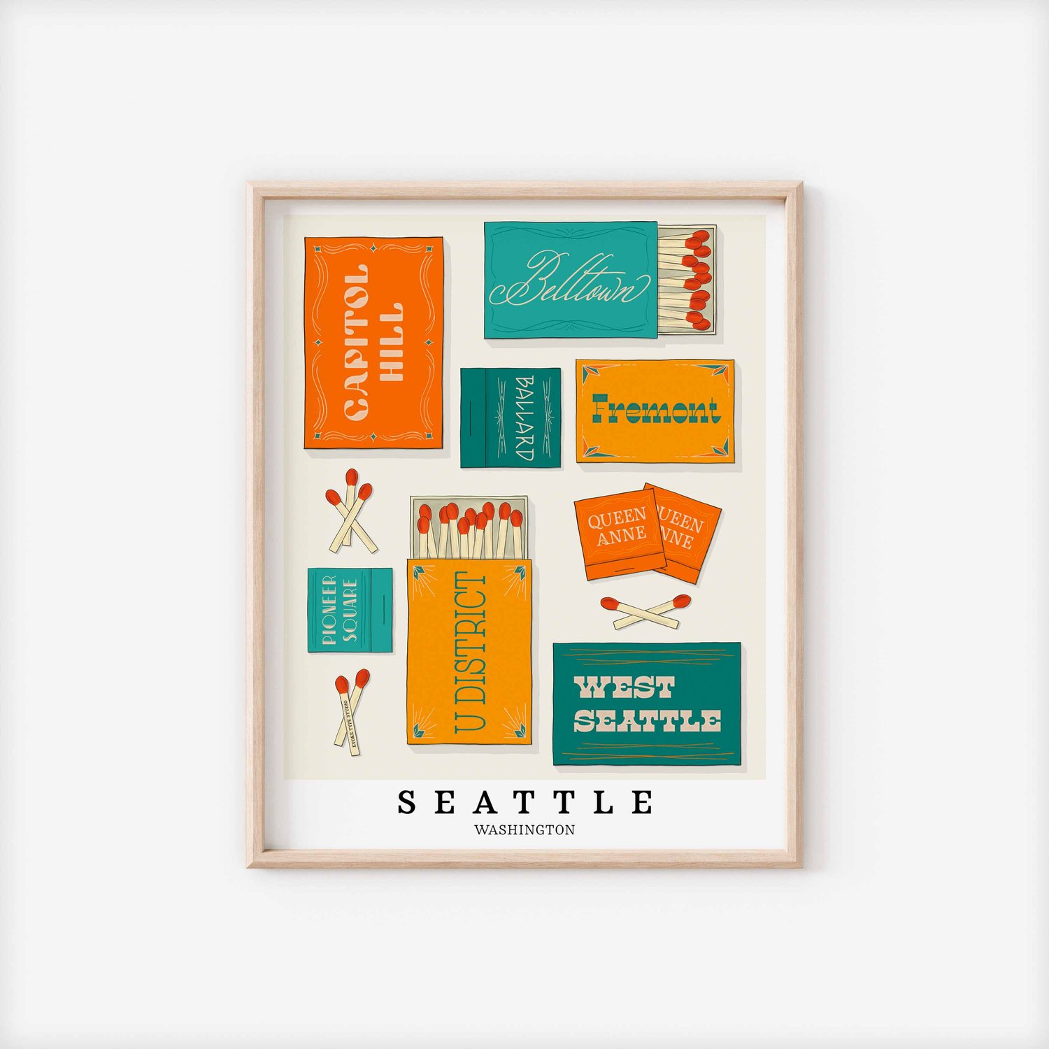 A framed picture of Seattle, Washington neighborhoods drawn in various lettering styles on matchboxes. Artwork has a orange, blue and yellow color scheme