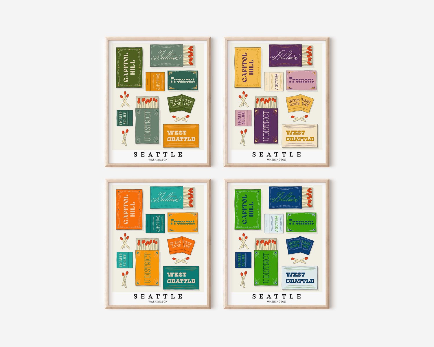 A group of 4 framed pictures that feature neighborhoods in the Seattle, Washington area
