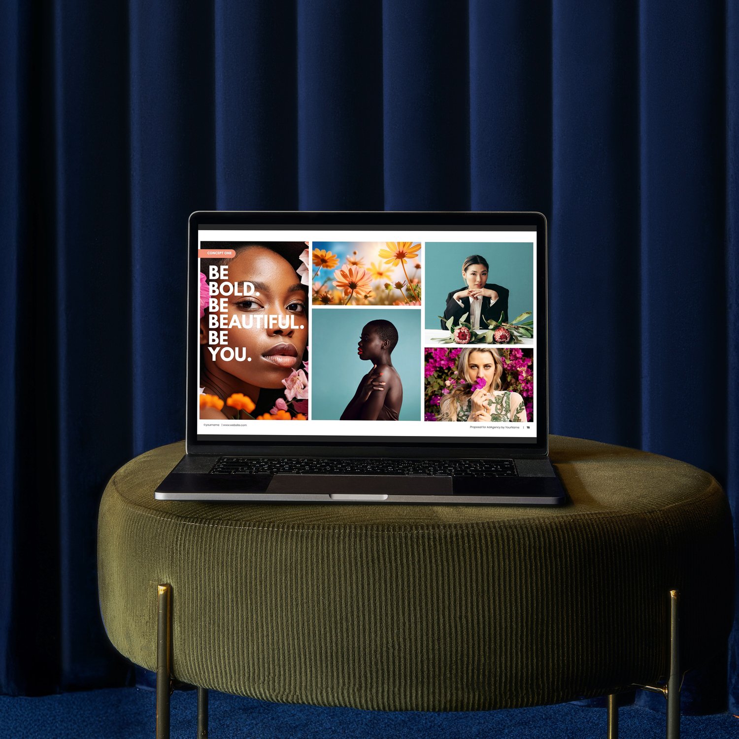 Blond woman typing on laptop with aa photography pitch deck on the screen.