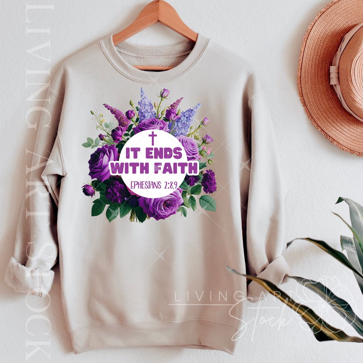 It Ends with Faith, PNG Prurple Floral Bouquet Design with Scripture, Christian PNG Designs