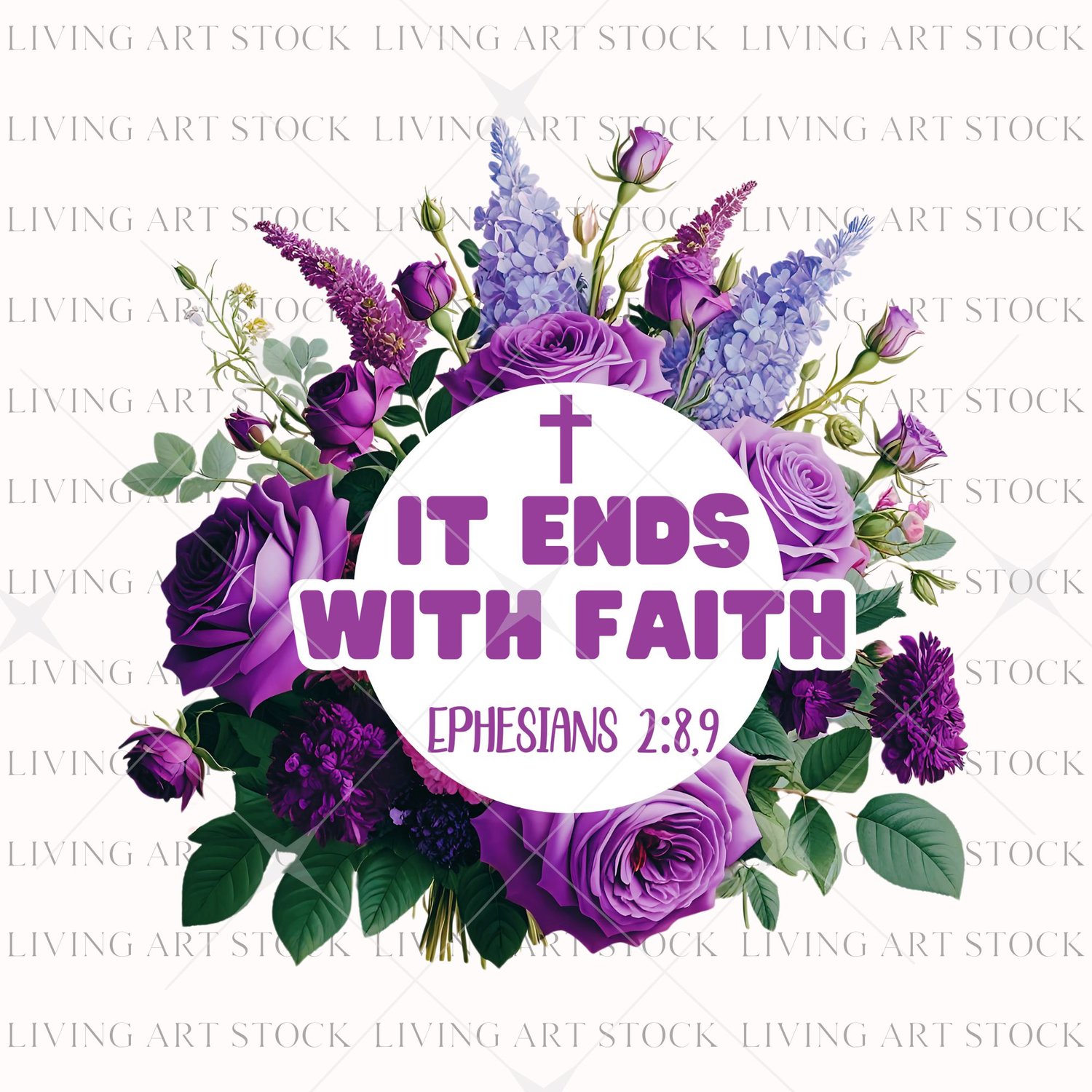 It Ends with Faith, PNG Prurple Floral Bouquet Design with Scripture, Christian PNG Designs