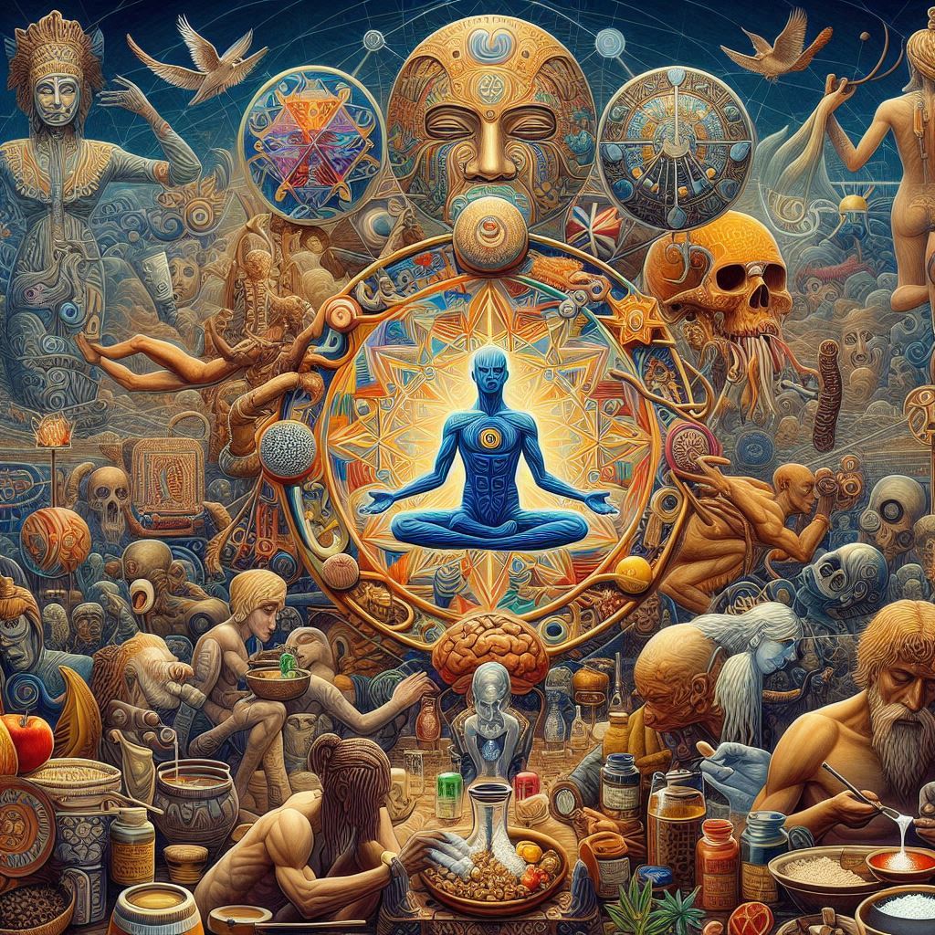 A surrealist image representing the history of drug use, featuring symbols and elements from different cultures and historical periods.