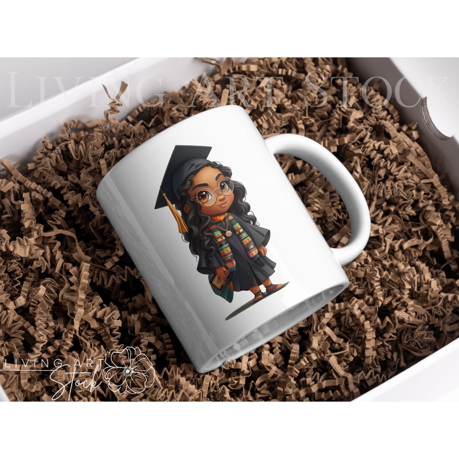 Black Chibi Girl Cartoon Gratuate with African Kente Cloth Sash, Black Cap and gown, transparent mug design