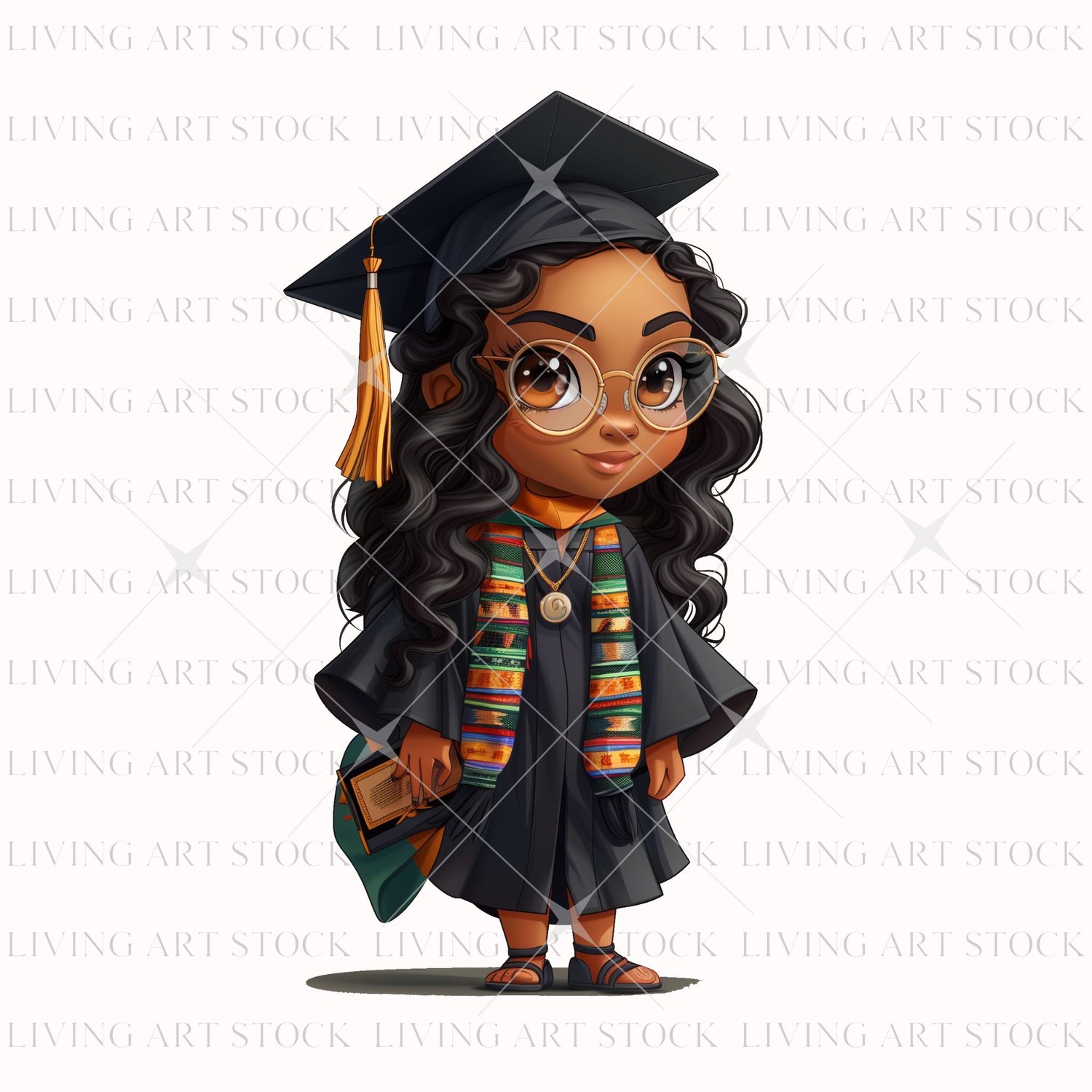 Black Chibi Girl Cartoon Gratuate with African Kente Cloth Sash, Black Cap and gown, transparent png design