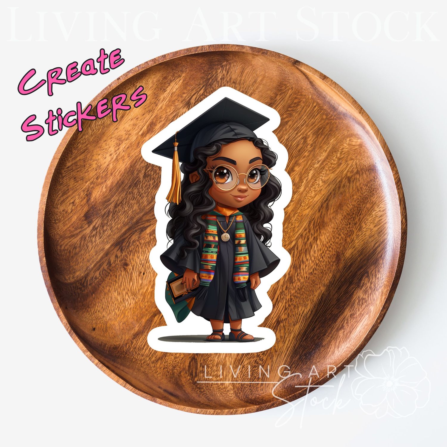 Black Chibi Girl Cartoon Gratuate with African Kente Cloth Sash, Black Cap and gown, transparent sticker design