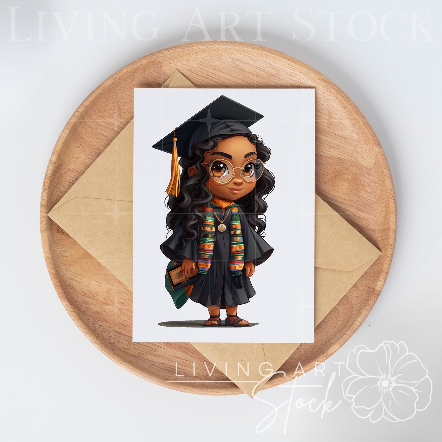 Black Chibi Girl Cartoon Gratuate with African Kente Cloth Sash, Black Cap and gown, transparent stationery design
