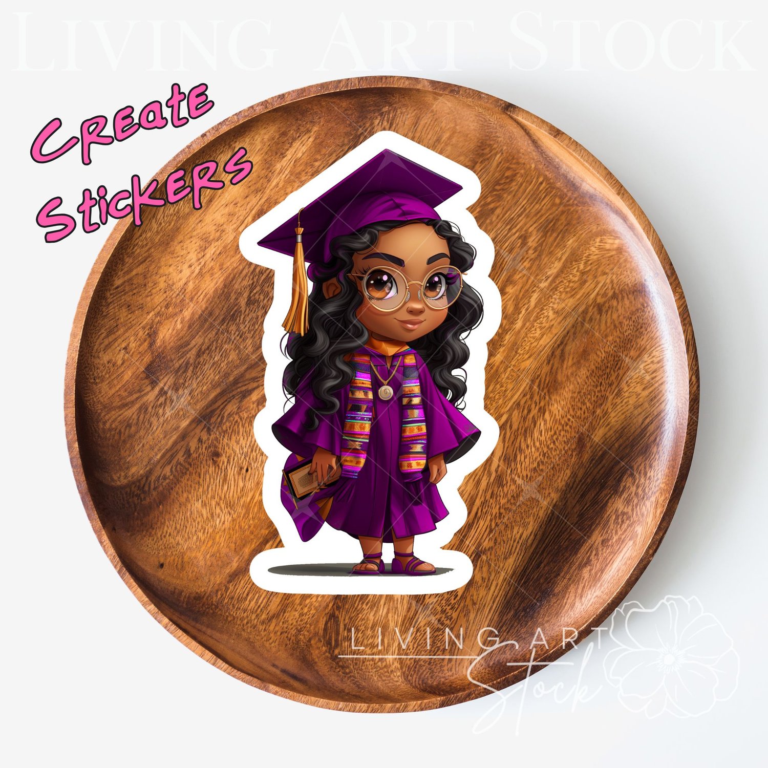Black Chibi Cartoon Woman Graduate, Sticker design, Purple cap and gown