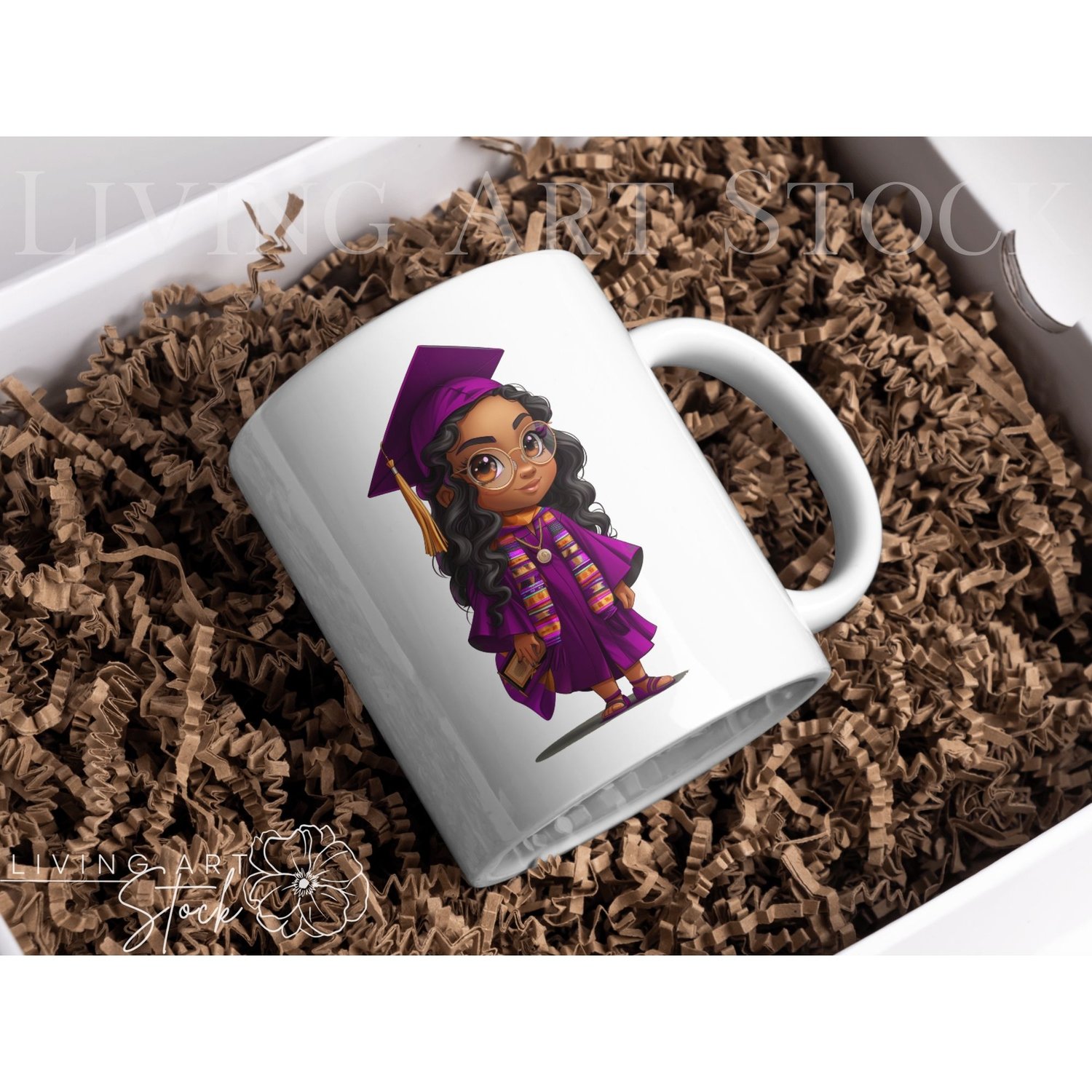 Black Chibi Cartoon Woman Graduate, Mug design, Purple cap and gown