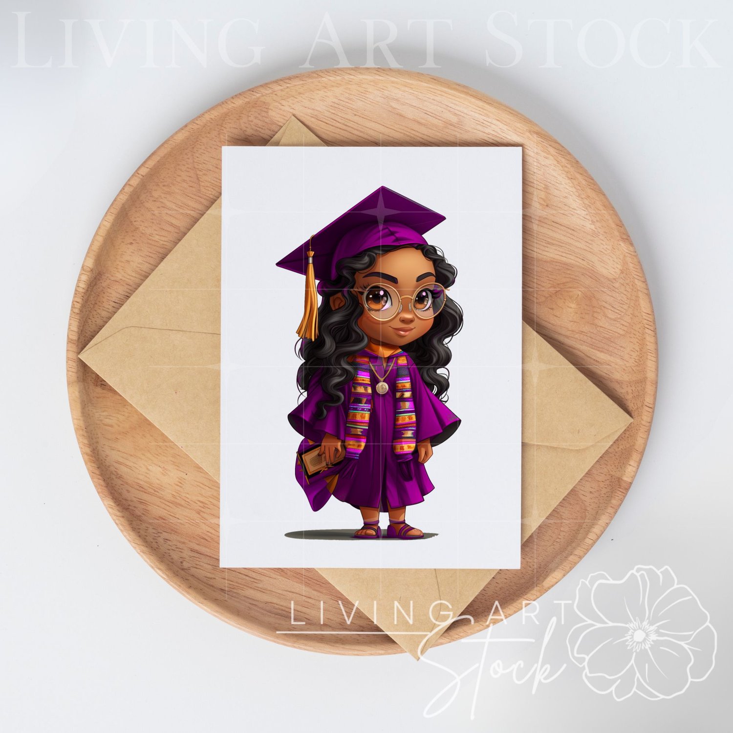 Black Chibi Cartoon Woman Graduate, PNG Design, Purple cap and gown