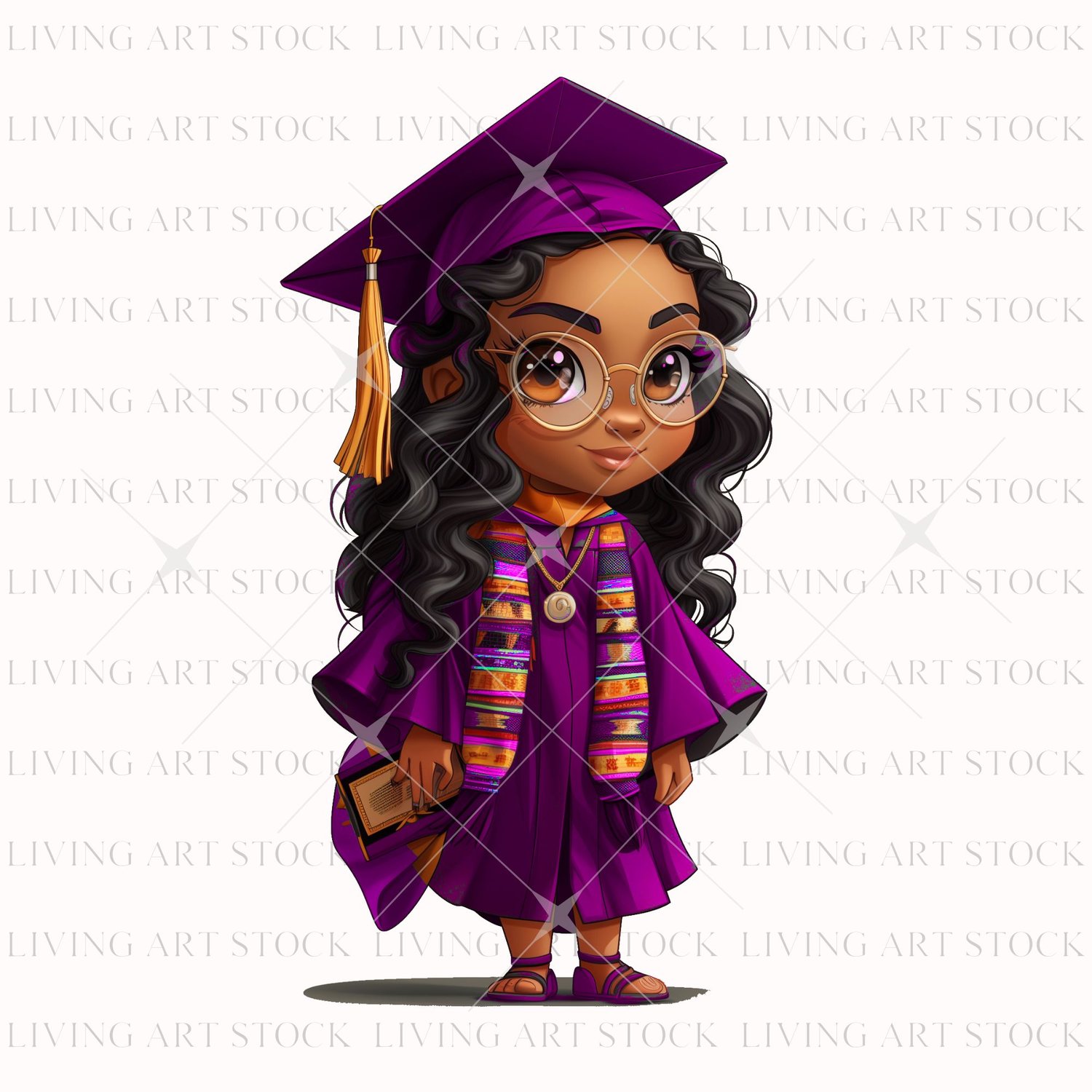 Black Chibi Cartoon Woman Graduate, Purple cap and gown