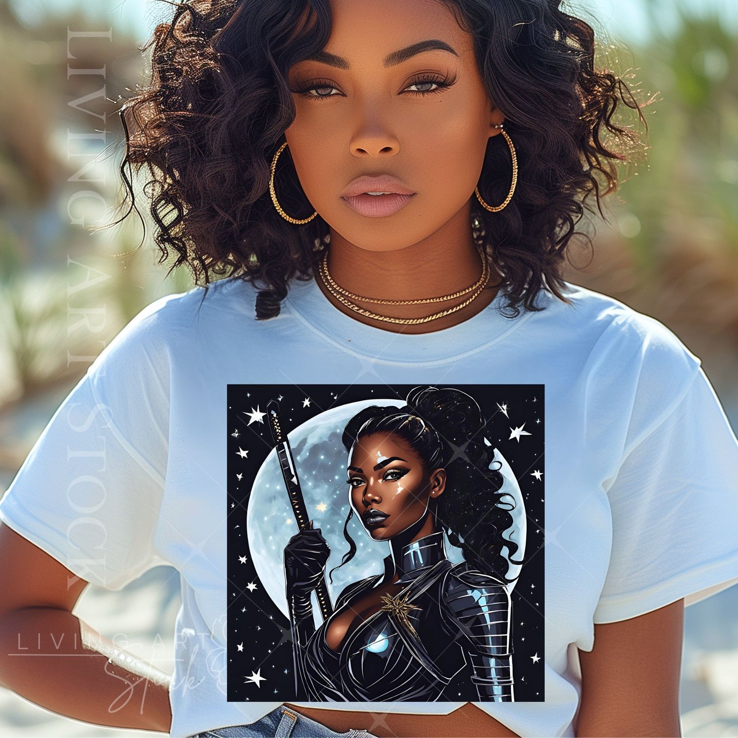 Black Woman Warrior t-shirt design, Cartoon Illustration