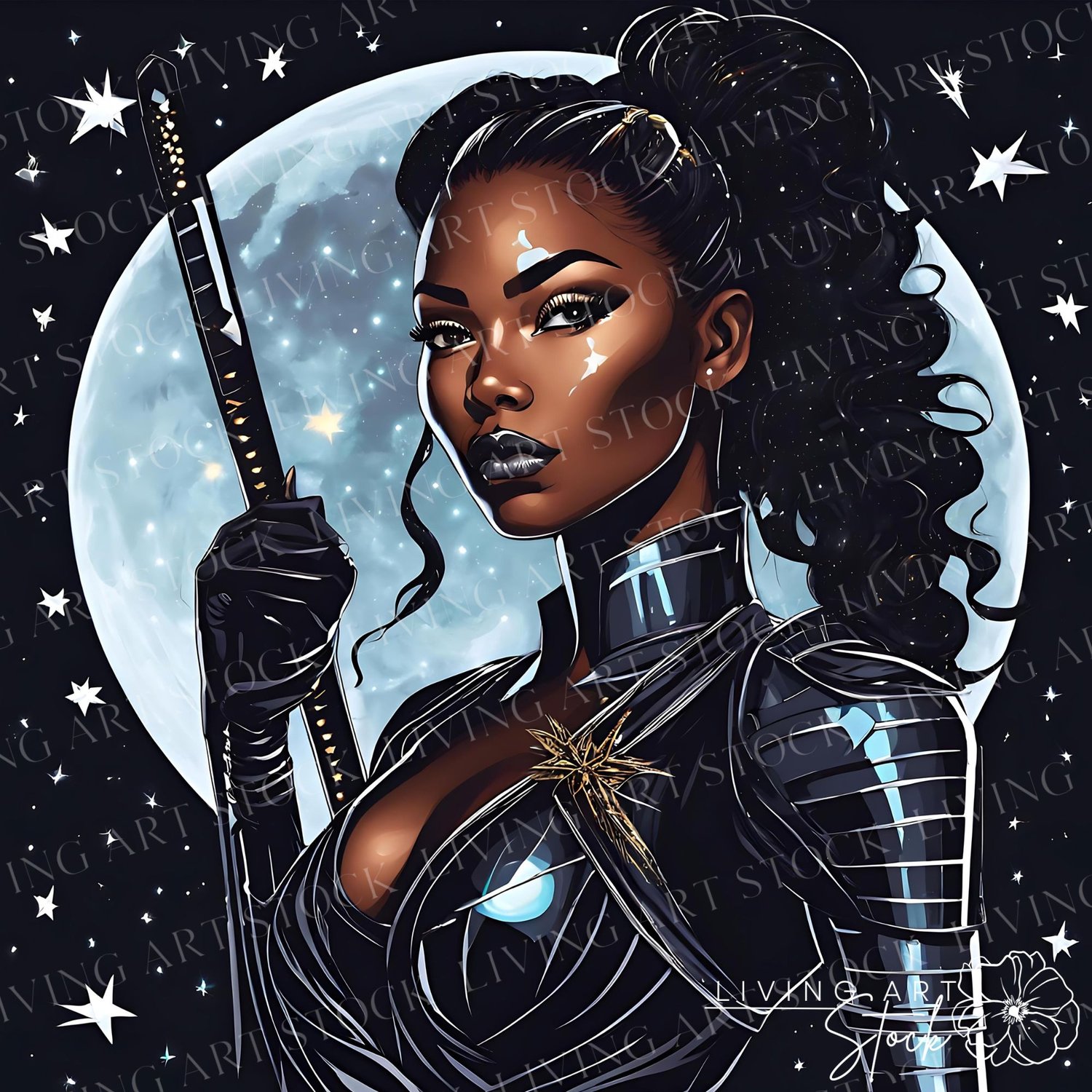 Black Woman Warrior wearing all black with sword,  Cartoon Illustration