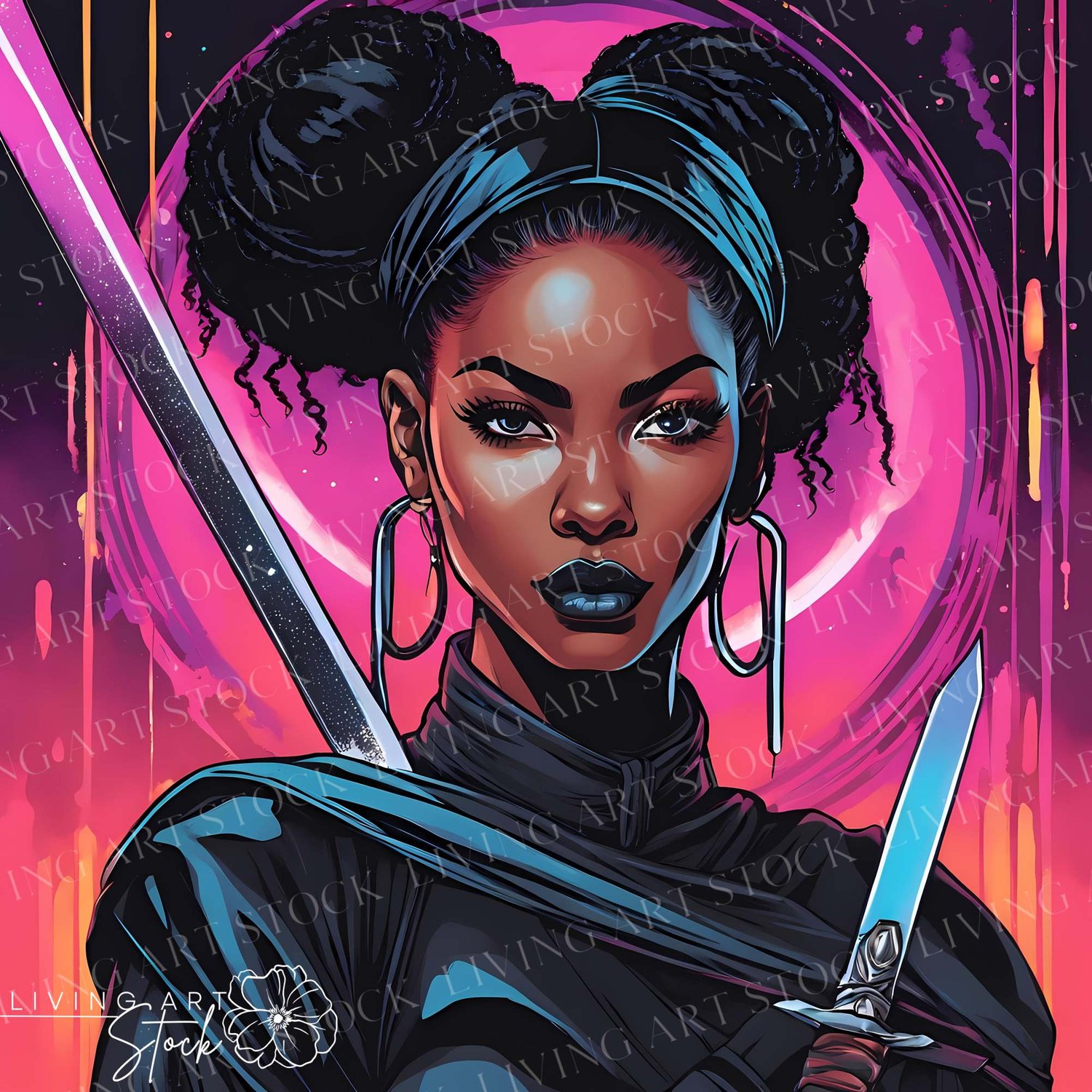 Black woman warrior with swords, neon pink abstract  background, cartoon illustration