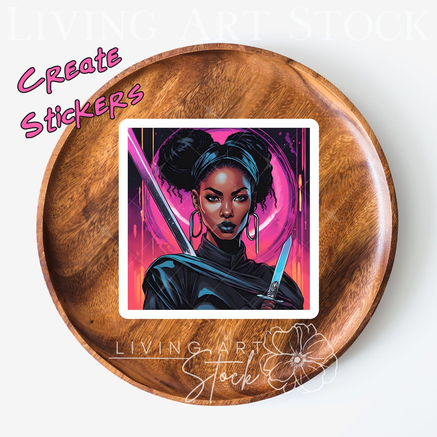 Black woman warrior with swords, neon pink abstract  background sticker design, cartoon illustration