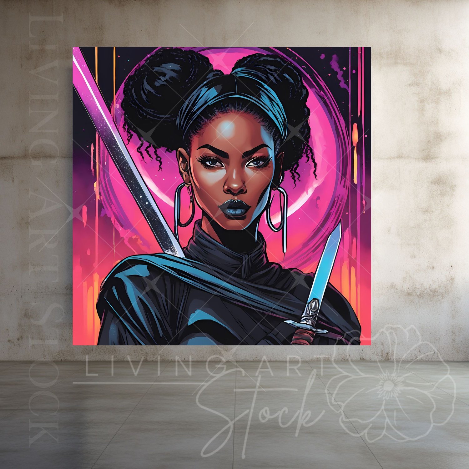 Black woman warrior with swords poster design, neon pink abstract  background, cartoon illustration