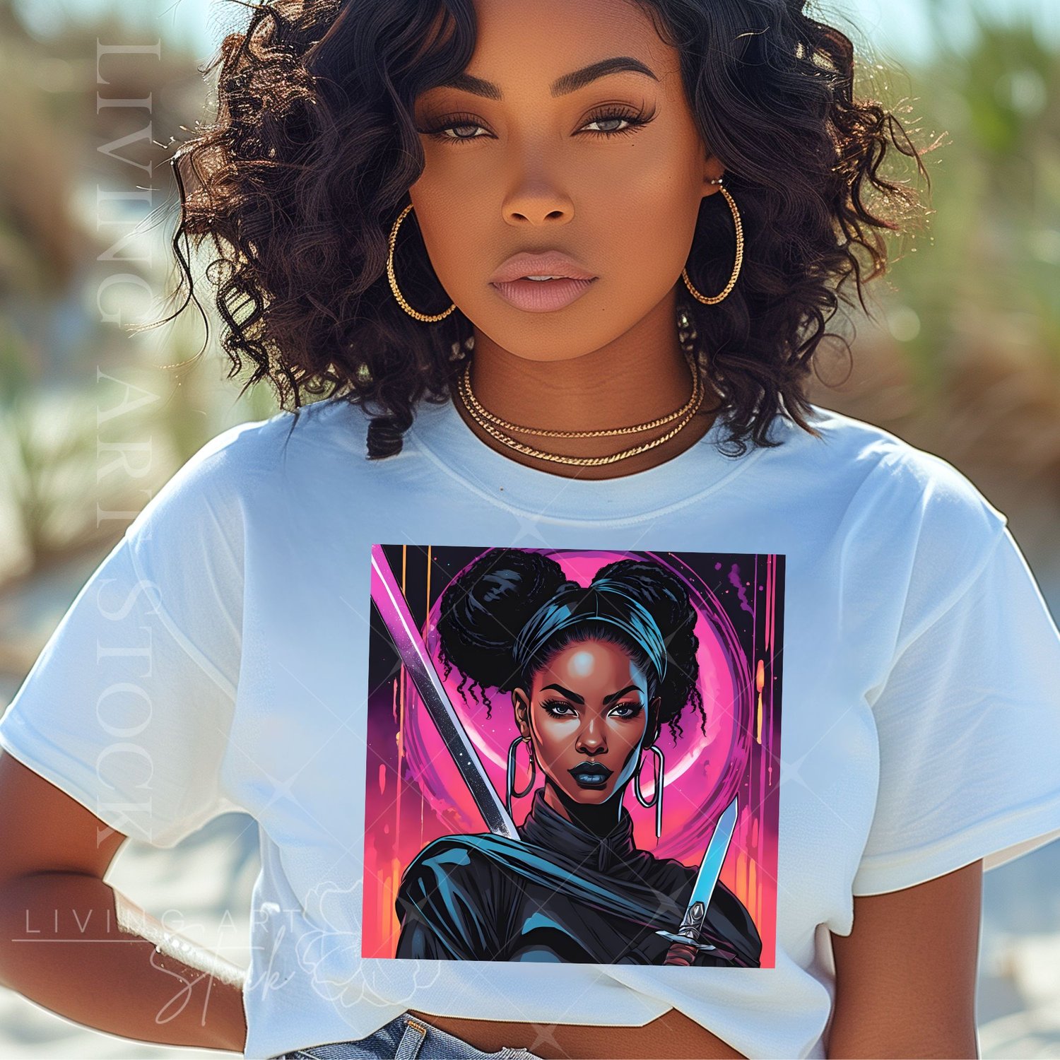 Black woman warrior with swords, neon pink abstract  background t-shirt design, cartoon illustration
