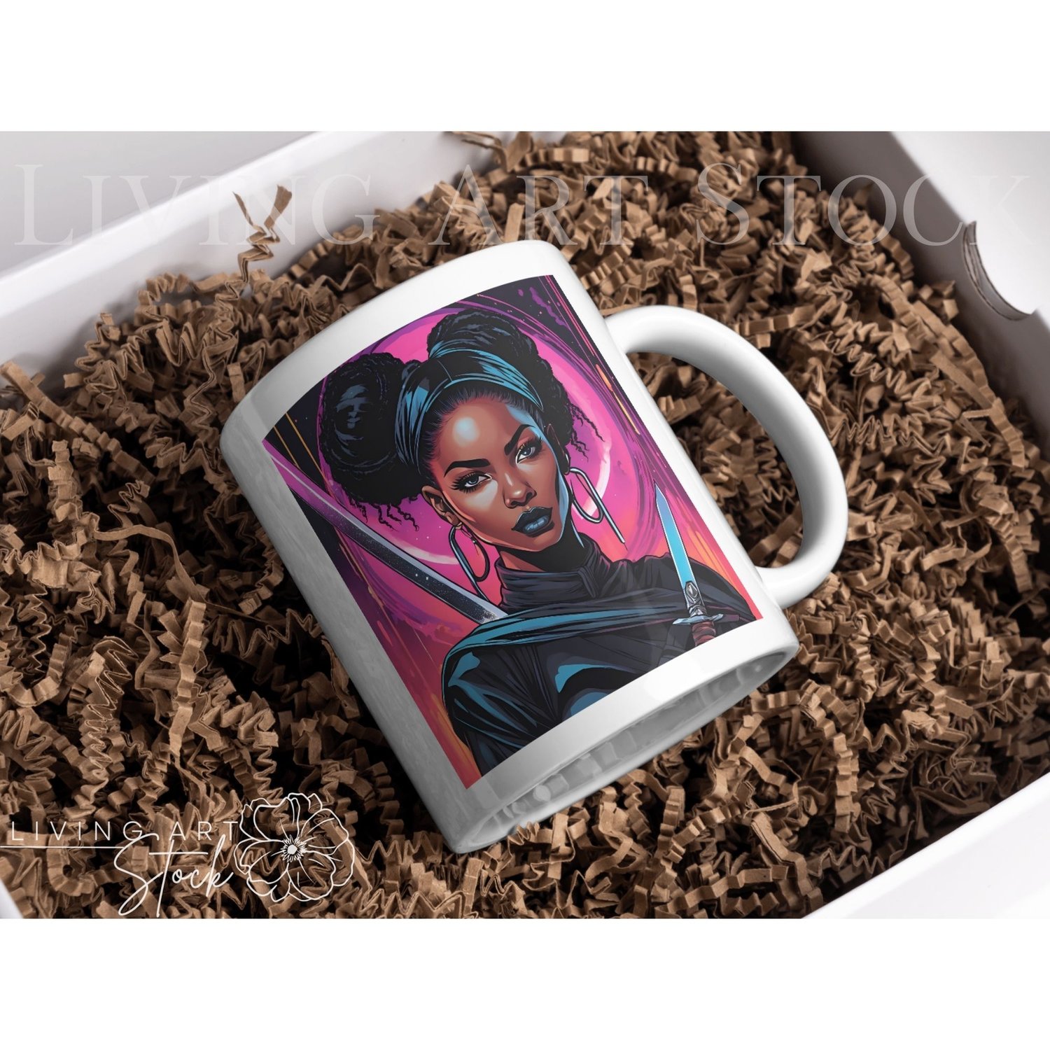Black woman warrior with swords mug design, neon pink abstract  background, cartoon illustration