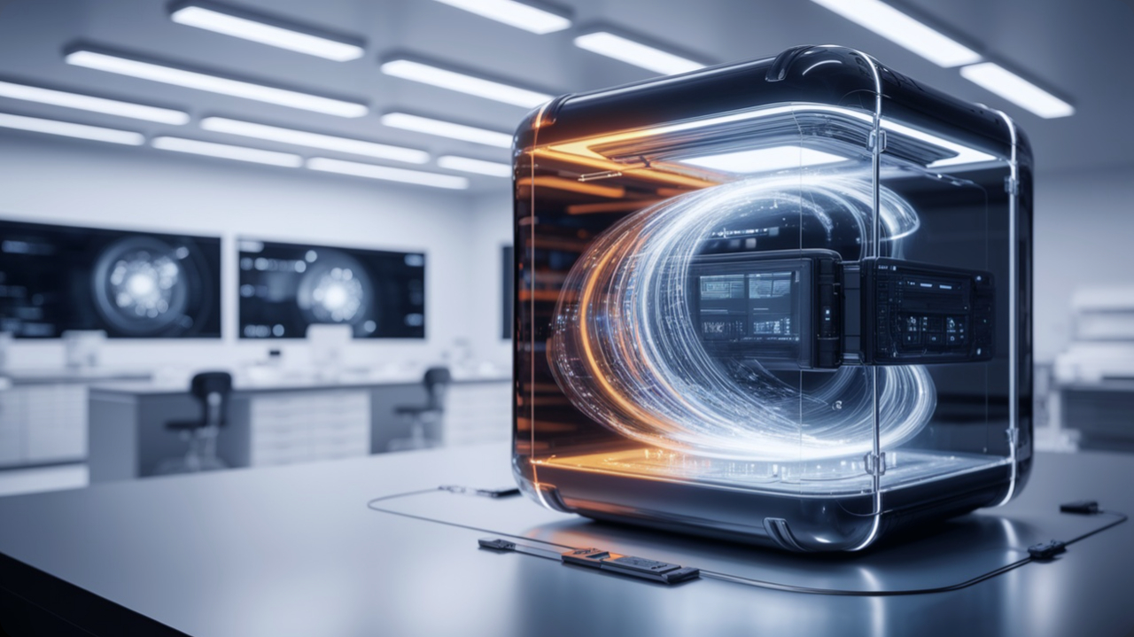 On top of a table in an office a Desktop computer has a galaxy inside