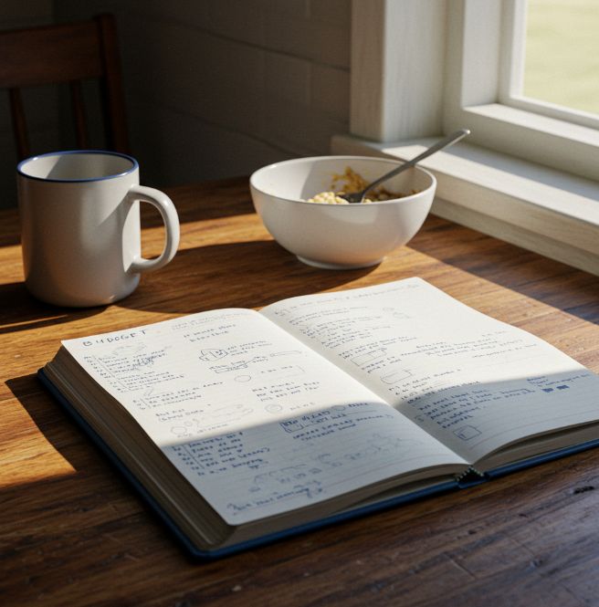 Budgeting in a notebook at a kitchen table to determine if you can homeschool