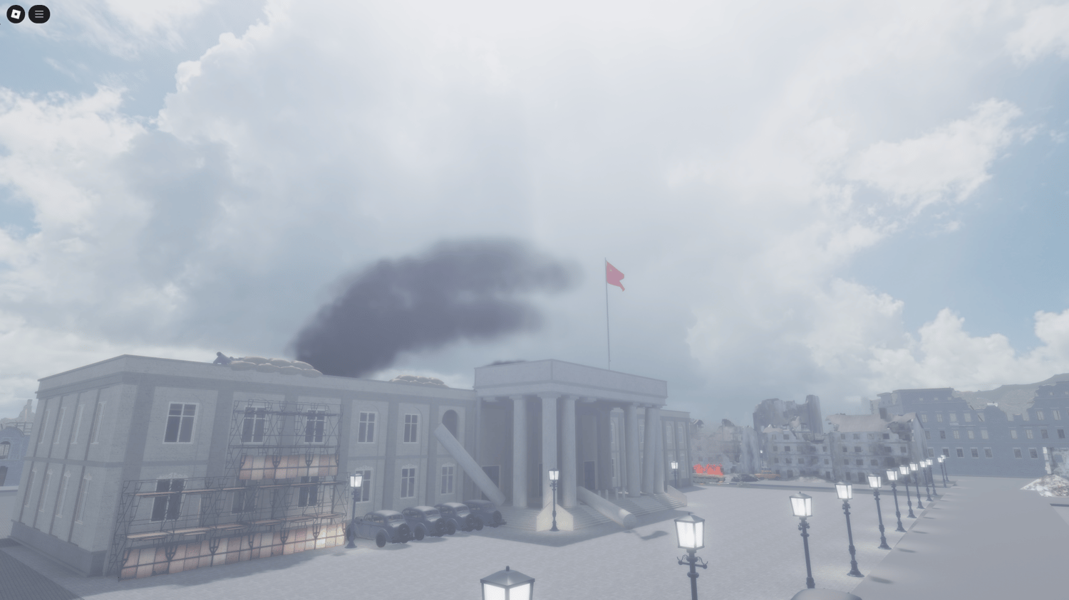 Railroad and train station looping around the war-torn battlefield