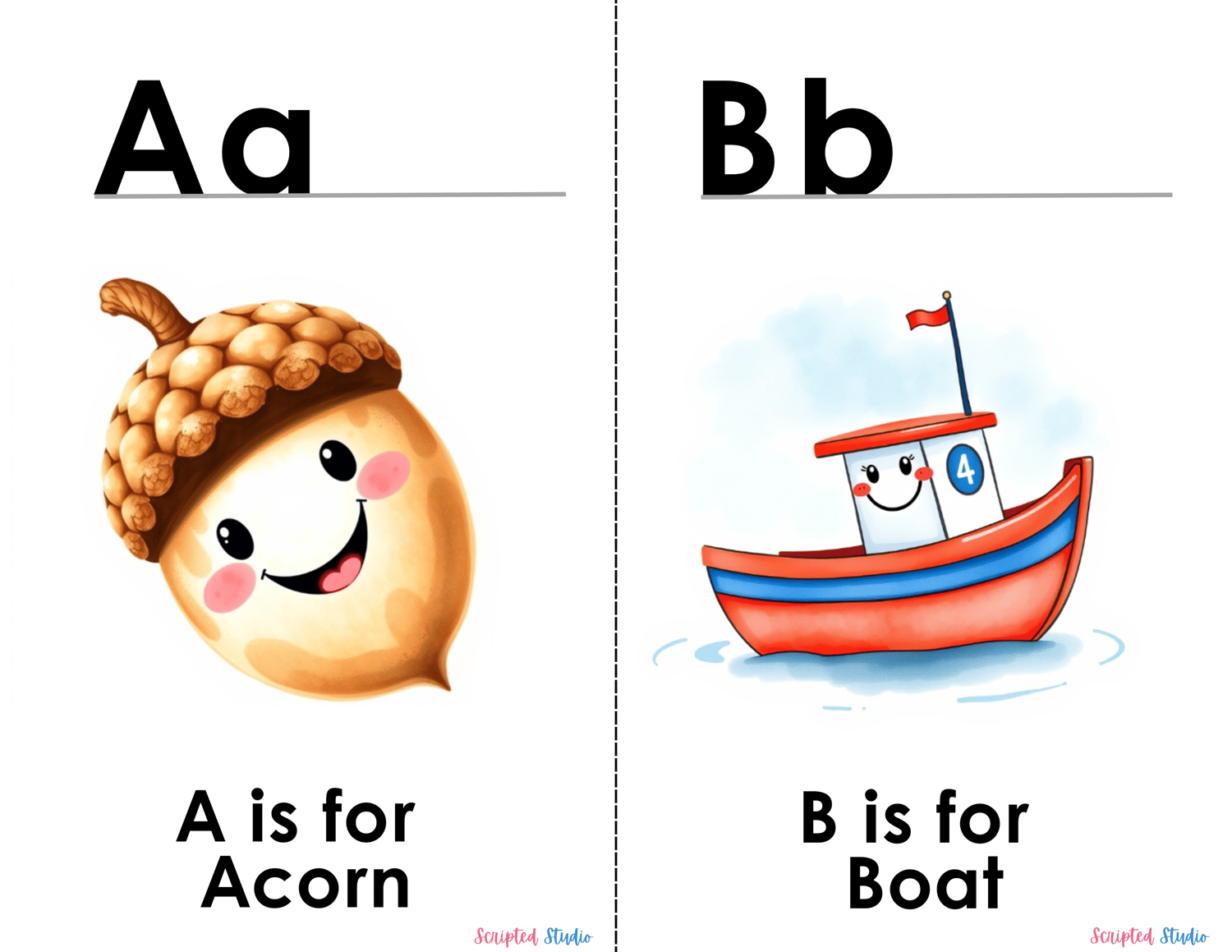 (ABC Watercolor Uppercase, and lowercase 2 flashcards, an acorn and a boat)