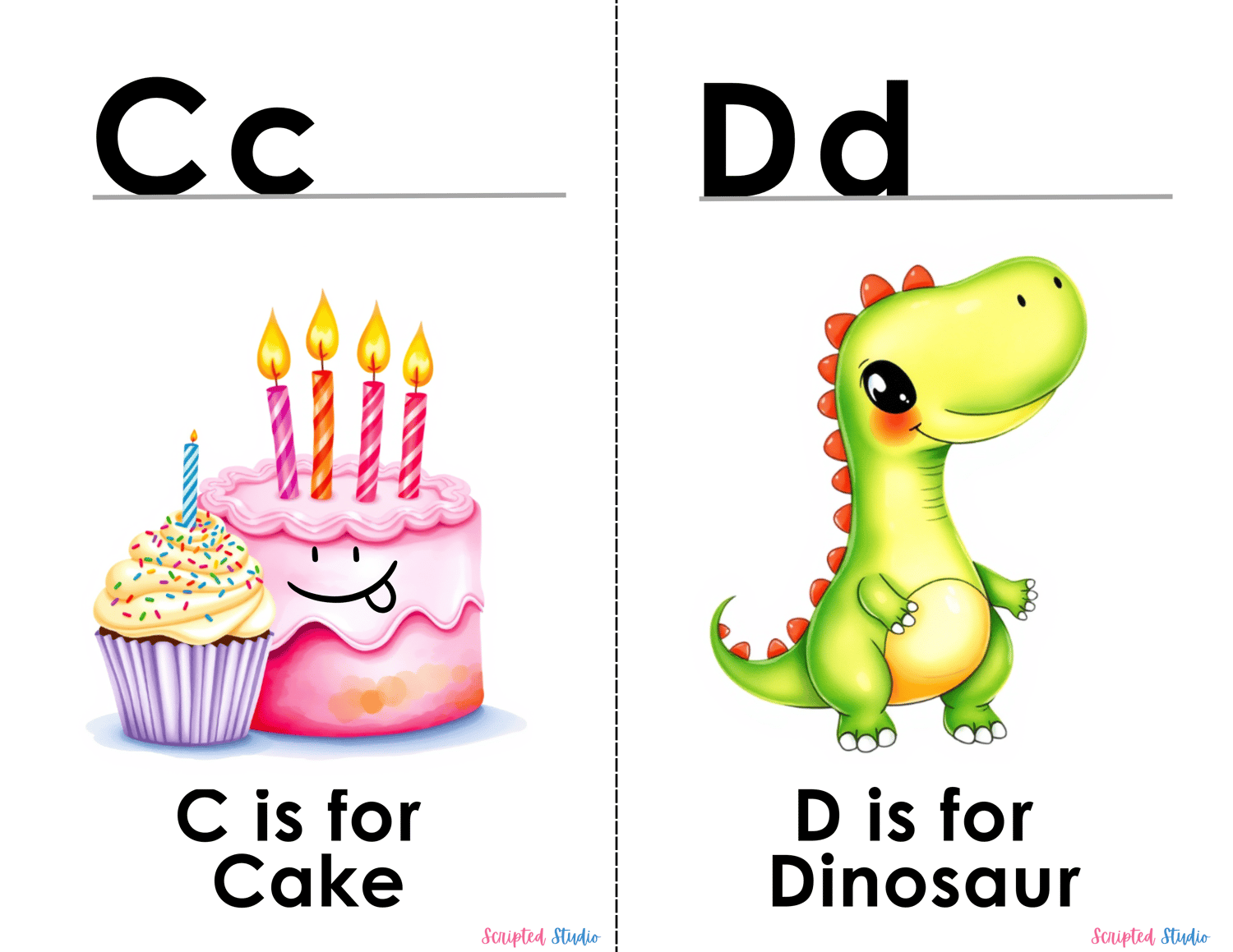 (ABC Watercolor Uppercase, and lowercase 2 flashcards a cake and a dinosaur)