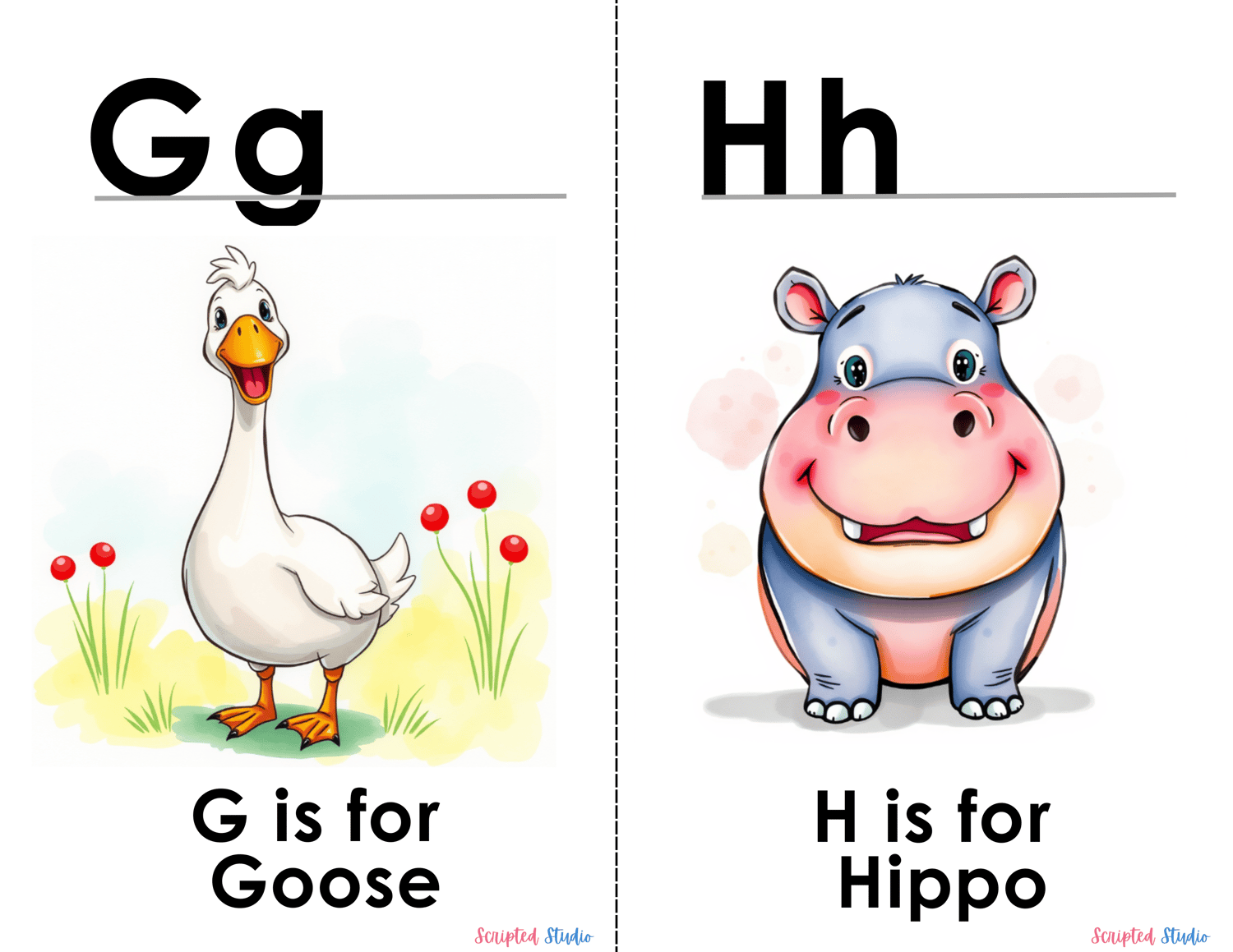(ABC Watercolor Uppercase, and lowercase 2 flashcards goose and a hippo)