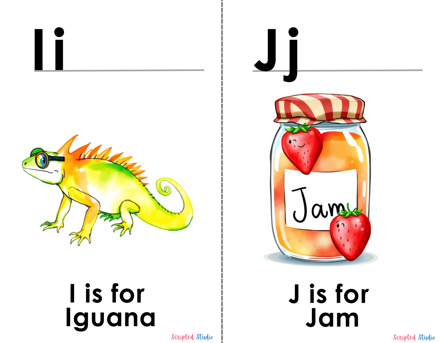 (ABC Watercolor Uppercase, and lowercase 2 flashcards an iguana and jar jam)