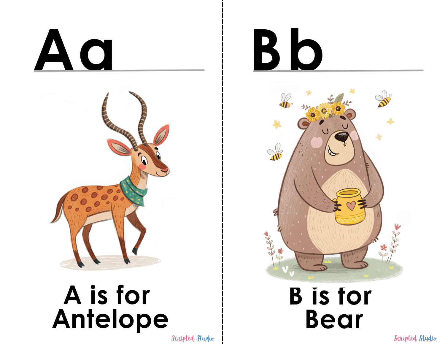 (ABC doodle Uppercase, and lowercase 2 doodle Animal image flashcards, A for an antelope and B for a bear with a honey pot)