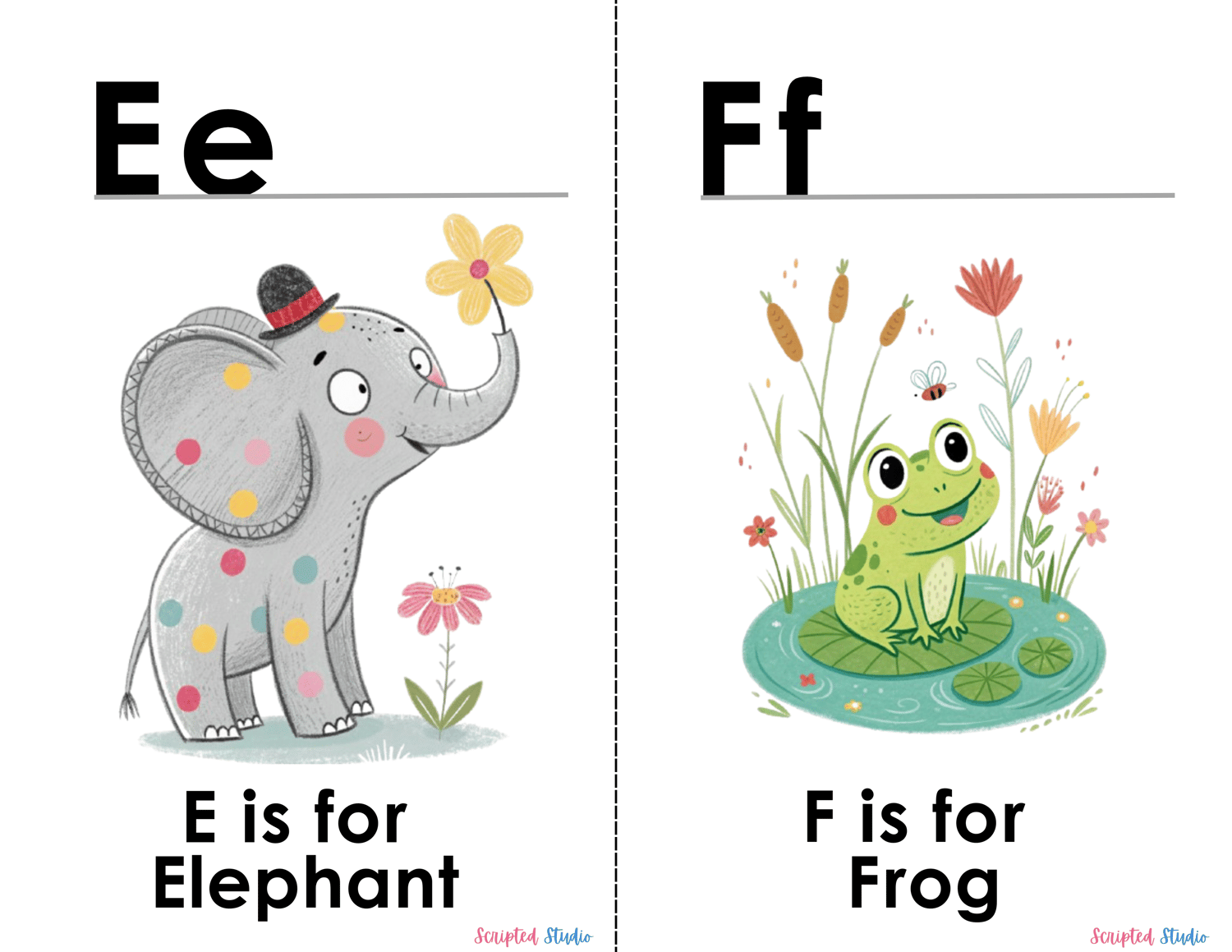 (ABC doodle Uppercase, and lowercase 2 doodle animal image flashcards an E for elephant and F for a fog sitting on a lily pad)
