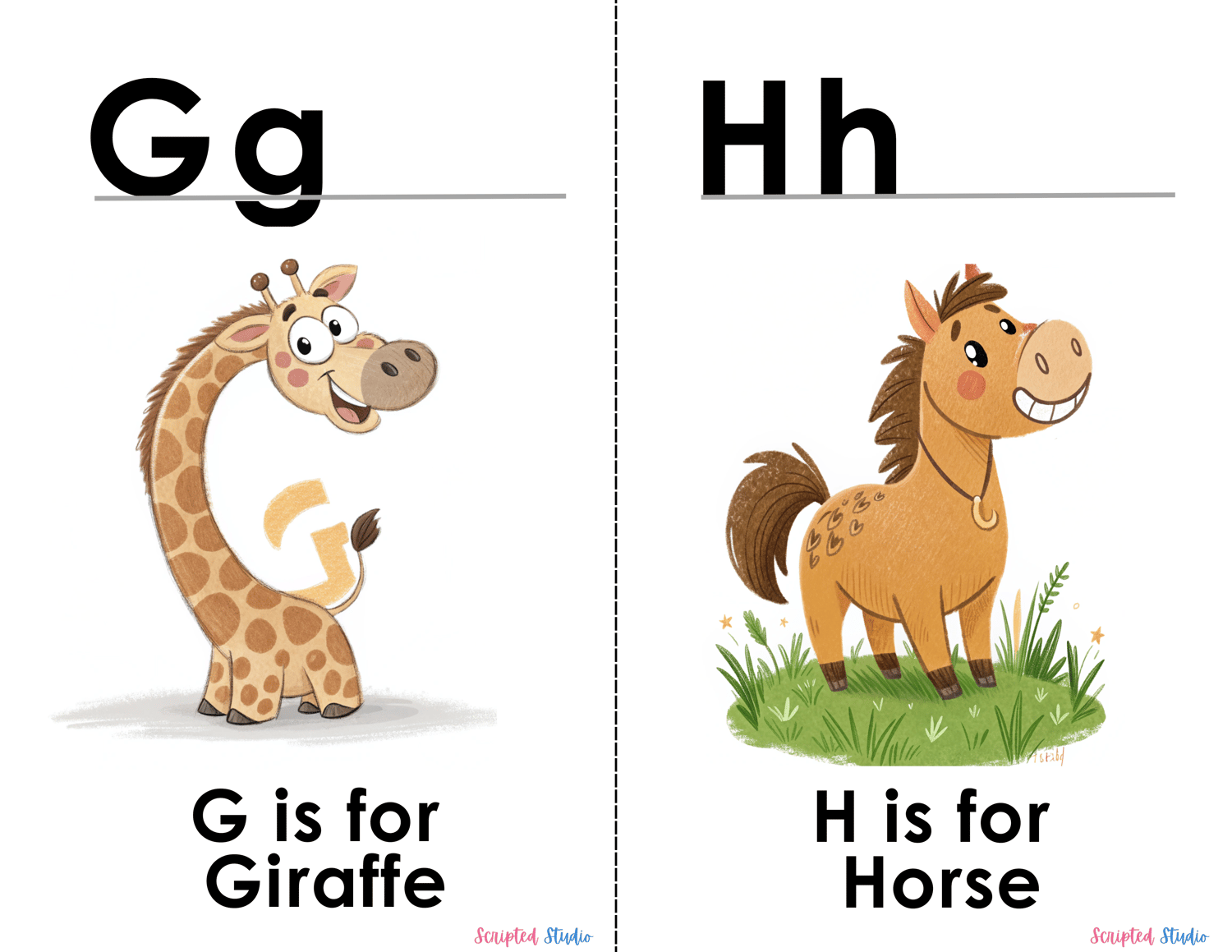 (ABC doodle Uppercase, and lowercase 2 doodle animal image flashcards G for giraffe and H for horse with a big smile)
