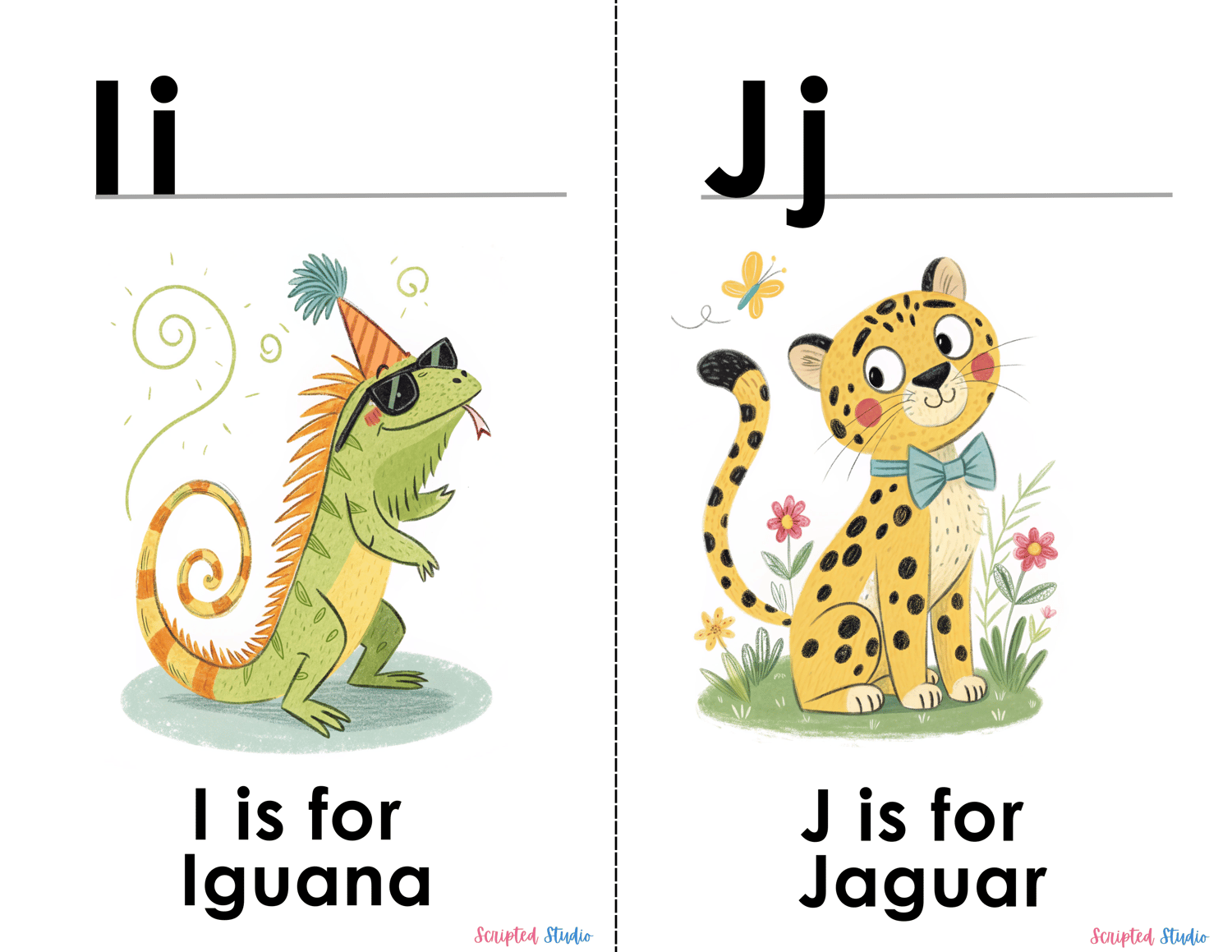 (ABC doodle Uppercase, and lowercase 2 doodle animal image flashcards I for iguana and J for jaguar with a bow tie on