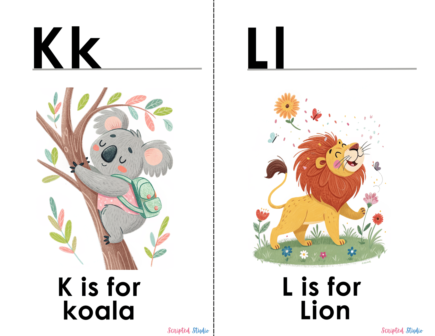 (ABC doodle Uppercase, and lowercase 2 doodle animal image flashcards K for Koloa and L for lion kicking flowers.