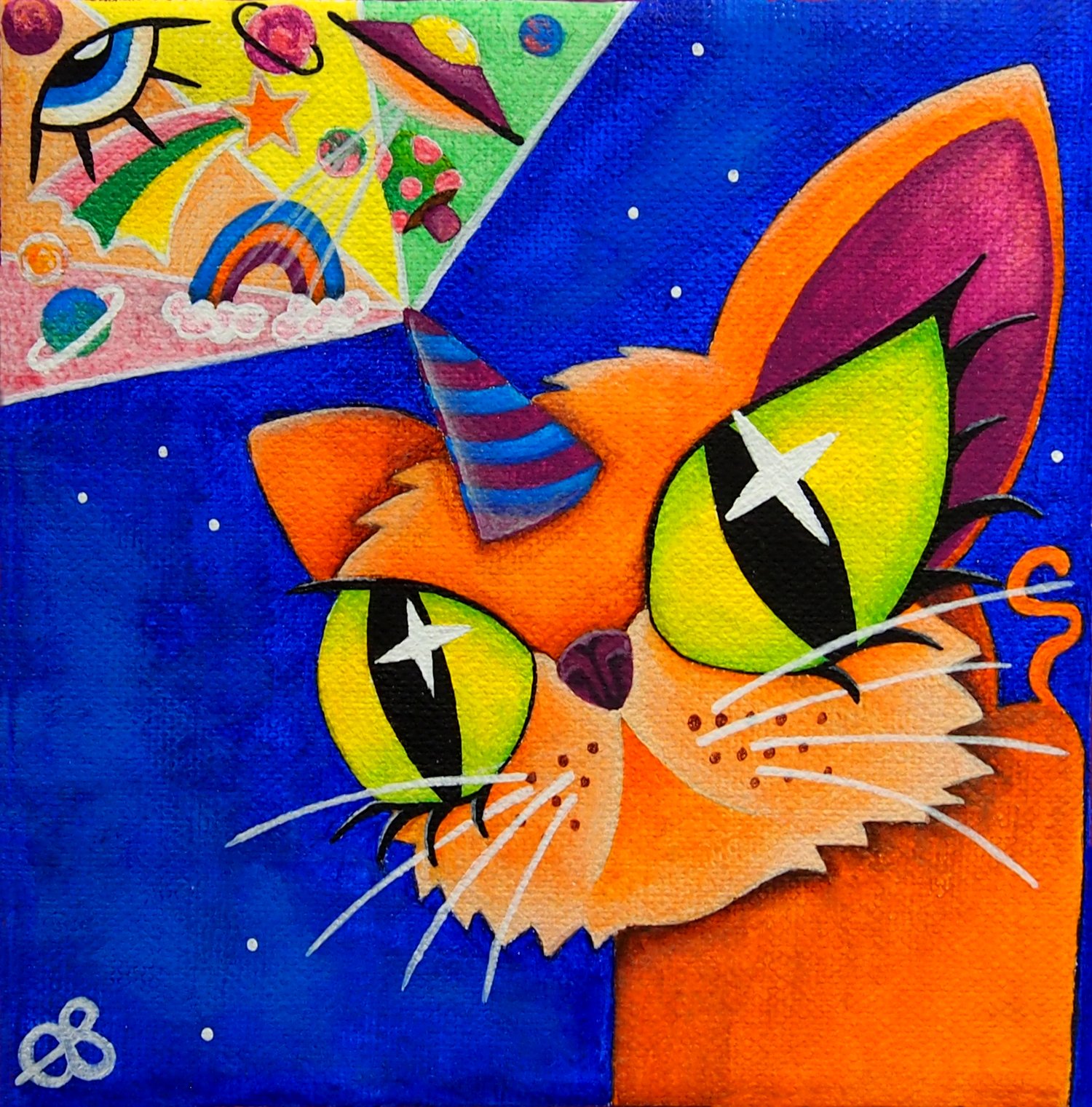 A surrealistic and colorful acrylic painting of a unicorn cat doing something epic.