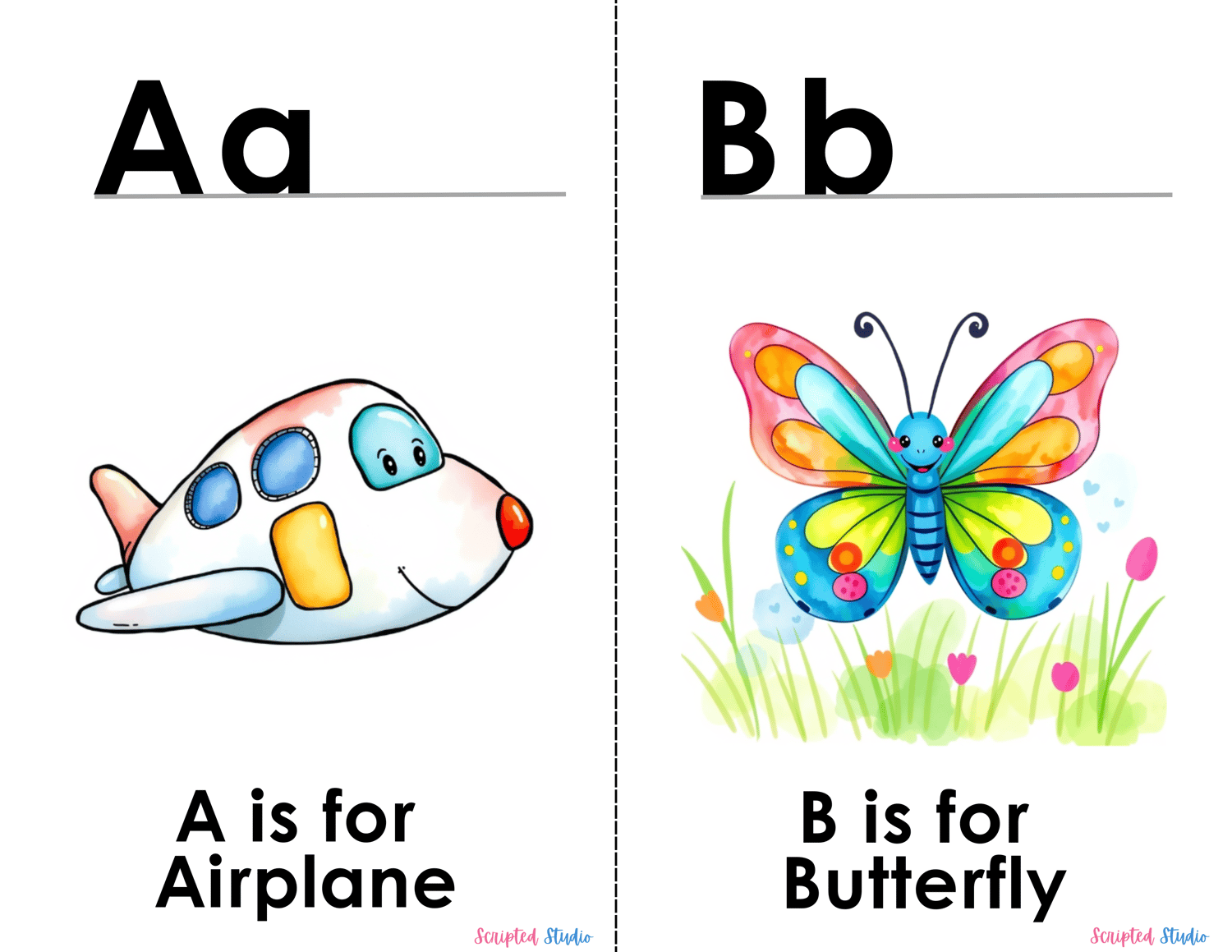 (ABC Watercolor Uppercase and lowercase two flashcards A is for an airplane,  B is for a colourful butterfly)