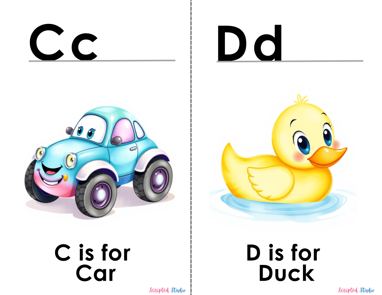 (ABC Watercolor Uppercase and lowercase two flashcards C is for a car,  D is for a duck)