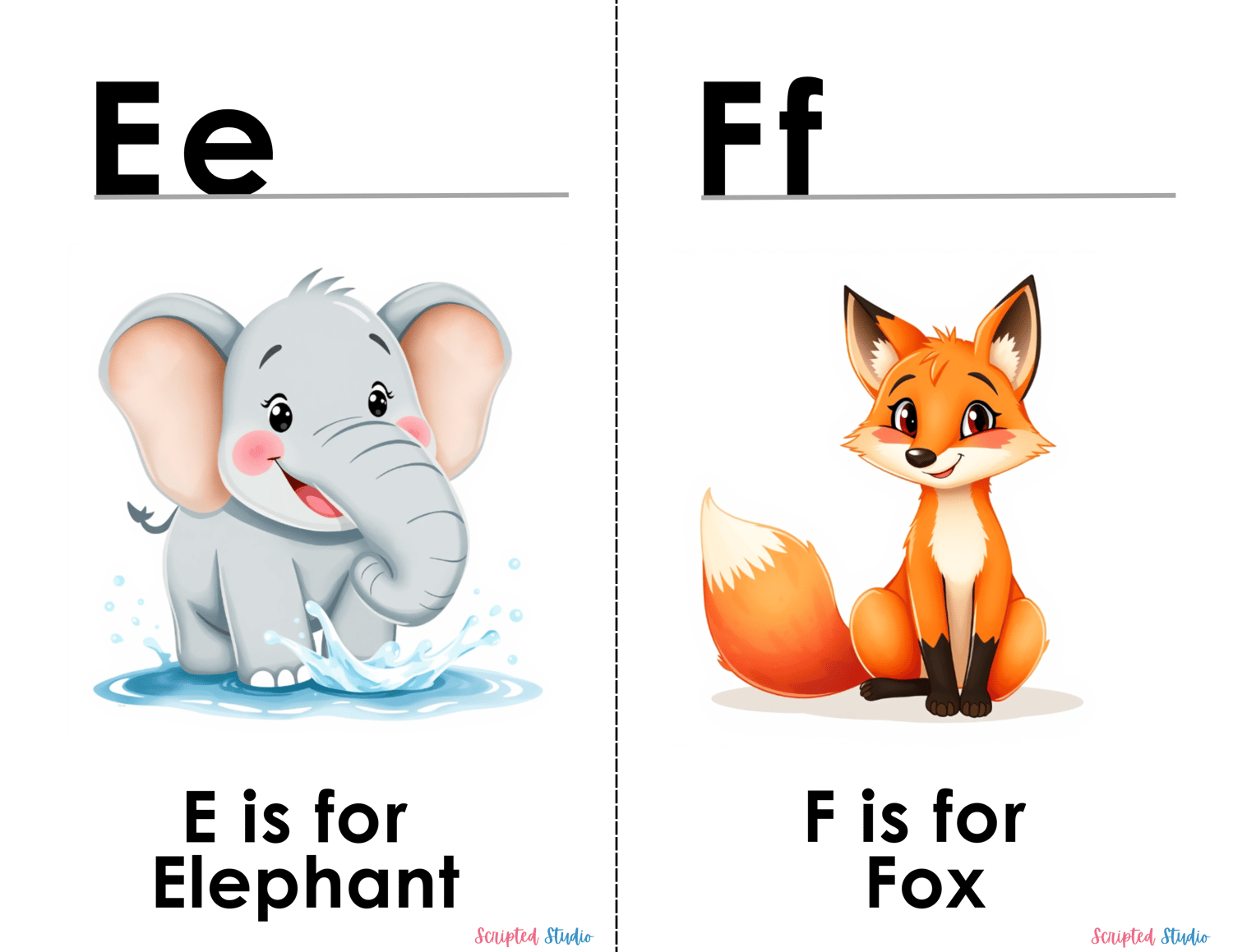 (ABC Watercolor Uppercase and lowercase two flashcards, E is for an elephant, F is for a fox)