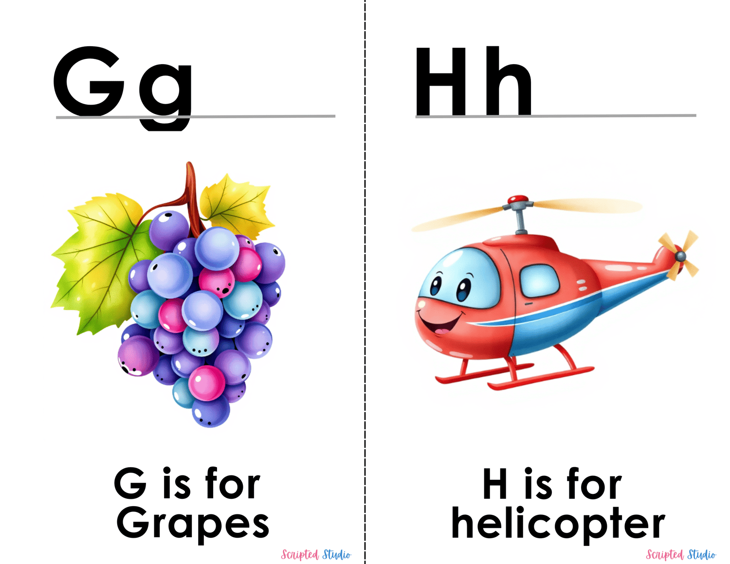 (ABC Watercolor Uppercase and lowercase two flashcards G is for grapes, H is for a helicopter)