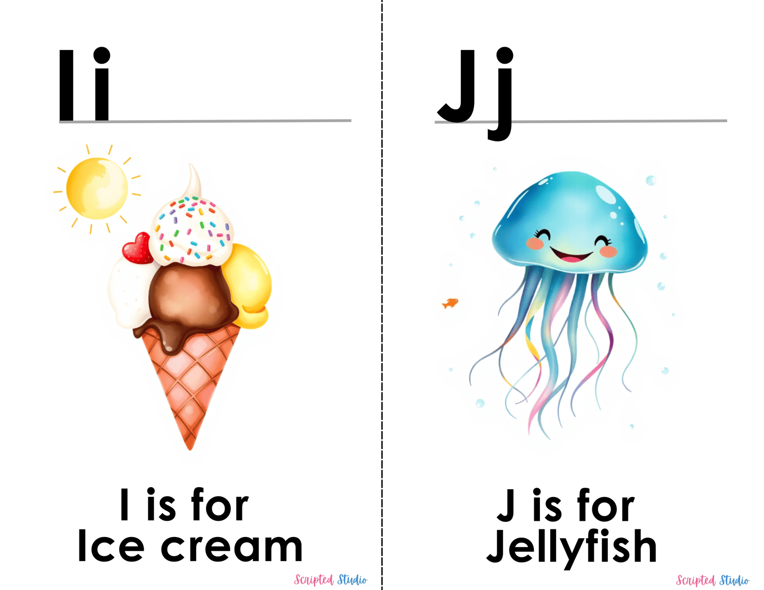(ABC Watercolor Uppercase and lowercase two flashcards, I is for ice cream, J is for a jellyfish