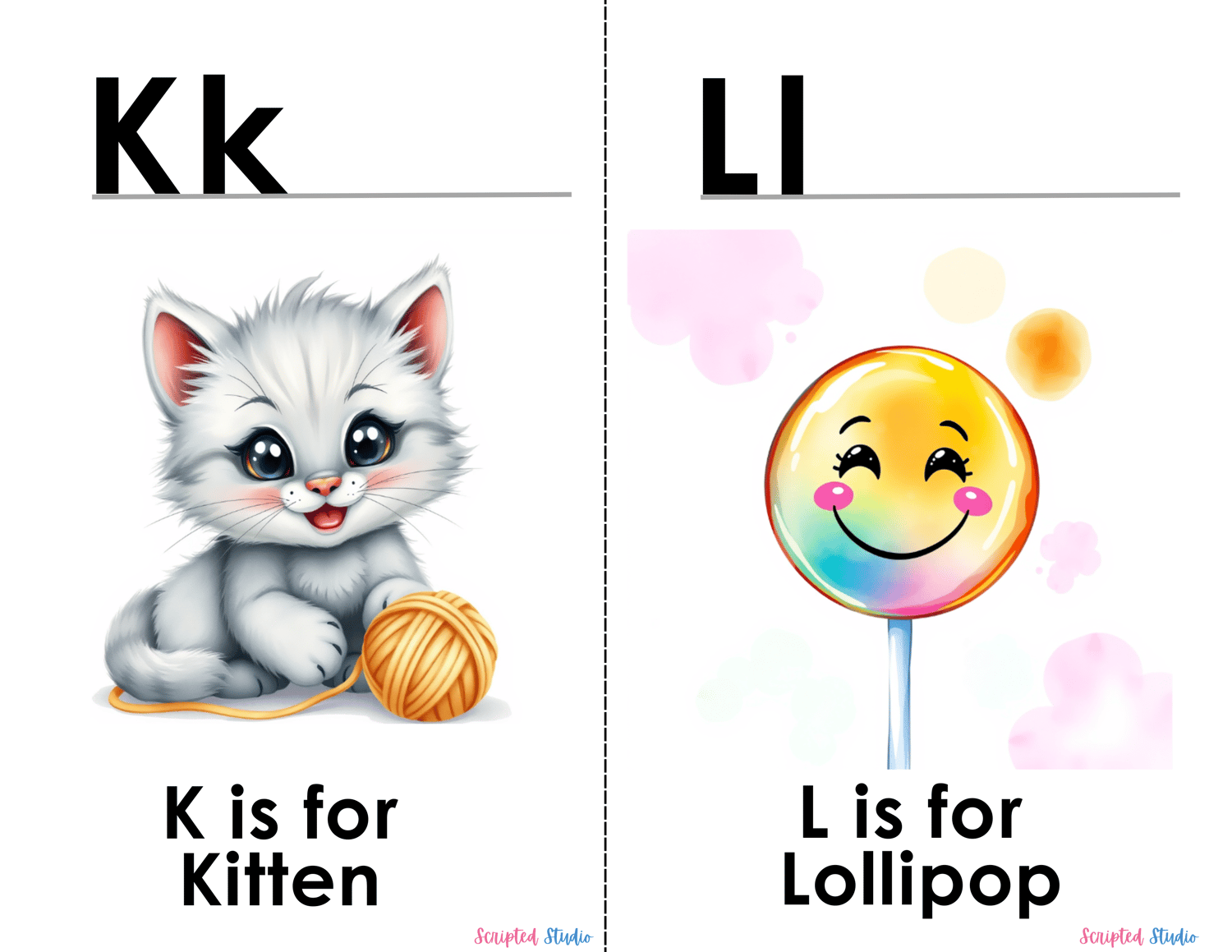 (ABC Watercolor Uppercase and lowercase two flashcards, K is for a kitten, L is for a Lollipop)
