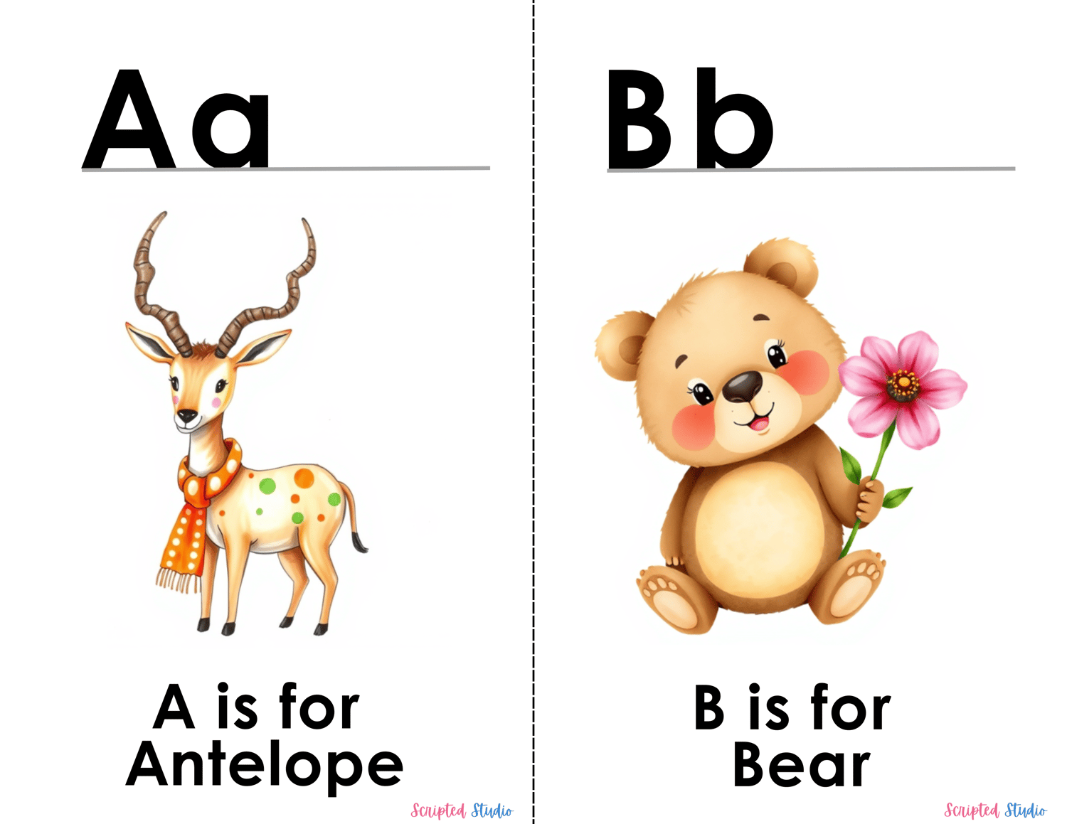 (ABC Watercolor Uppercase and lowercase two flashcards A is for an antelope,  B is for a bear with a flower)