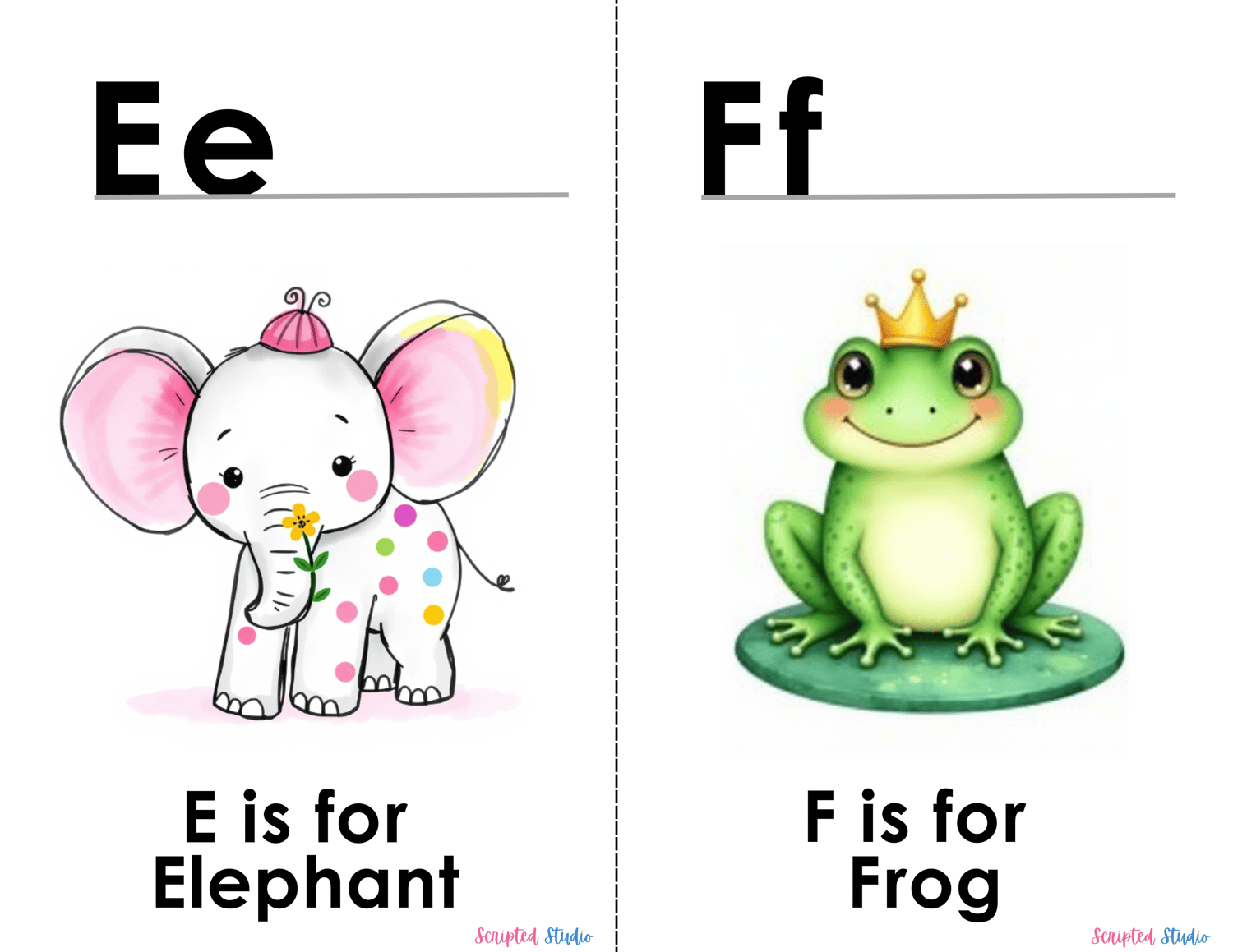 (ABC Watercolor Uppercase and lowercase two flashcards, E is for an elephant, F is for a frog on a lily pad)