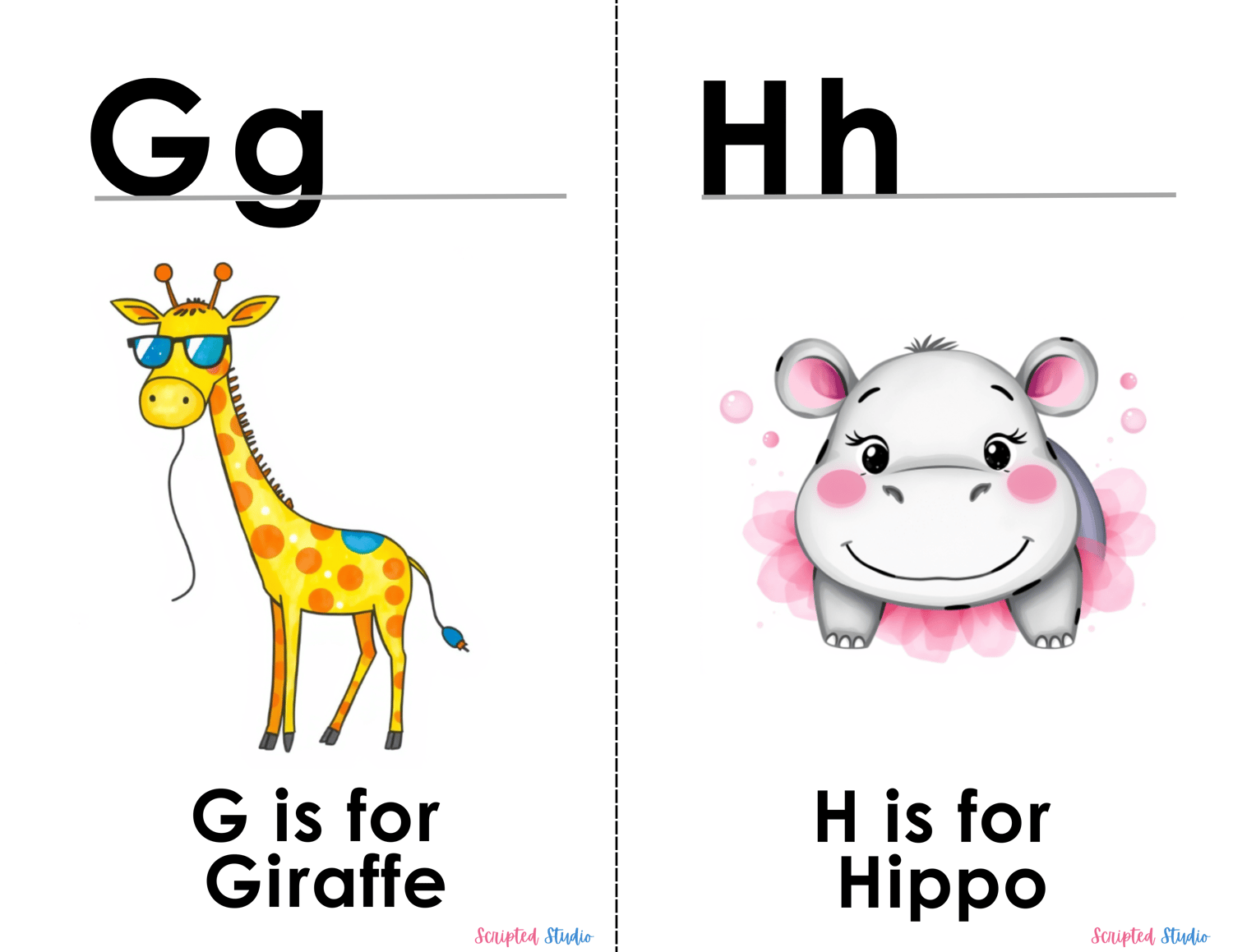 (ABC Watercolor Uppercase and lowercase two flashcards G is for a giraffe with sunglasses on, and H is for a hippo)