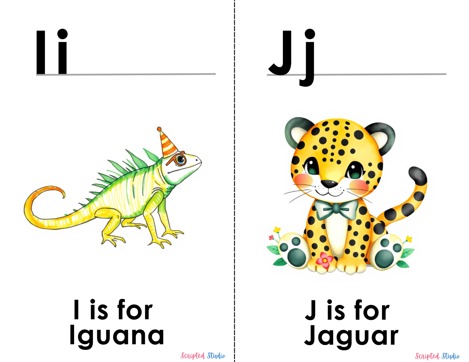 (ABC Watercolor Uppercase and lowercase two flashcards, I is for iguana, J is for a jaguar with a bow tie on)