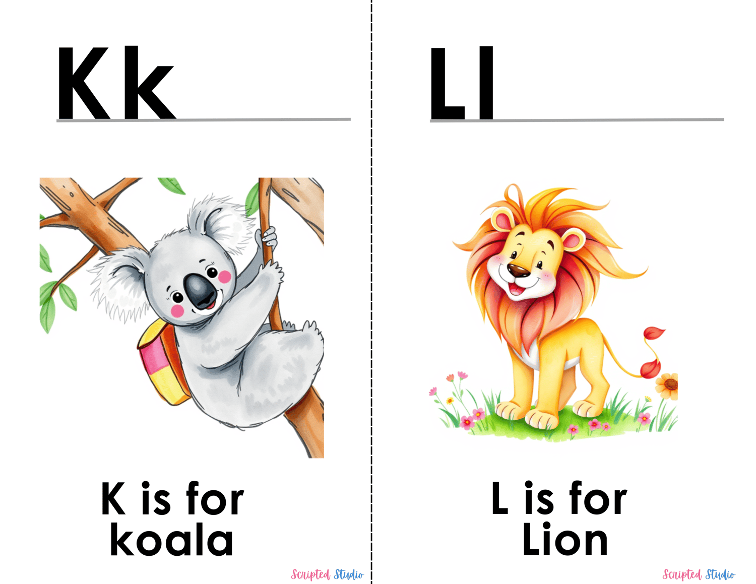 (ABC Watercolor Uppercase and lowercase two flashcards, K is for a koloa climbing a tree with his backpack on, L is for a friendly lion smiling)
