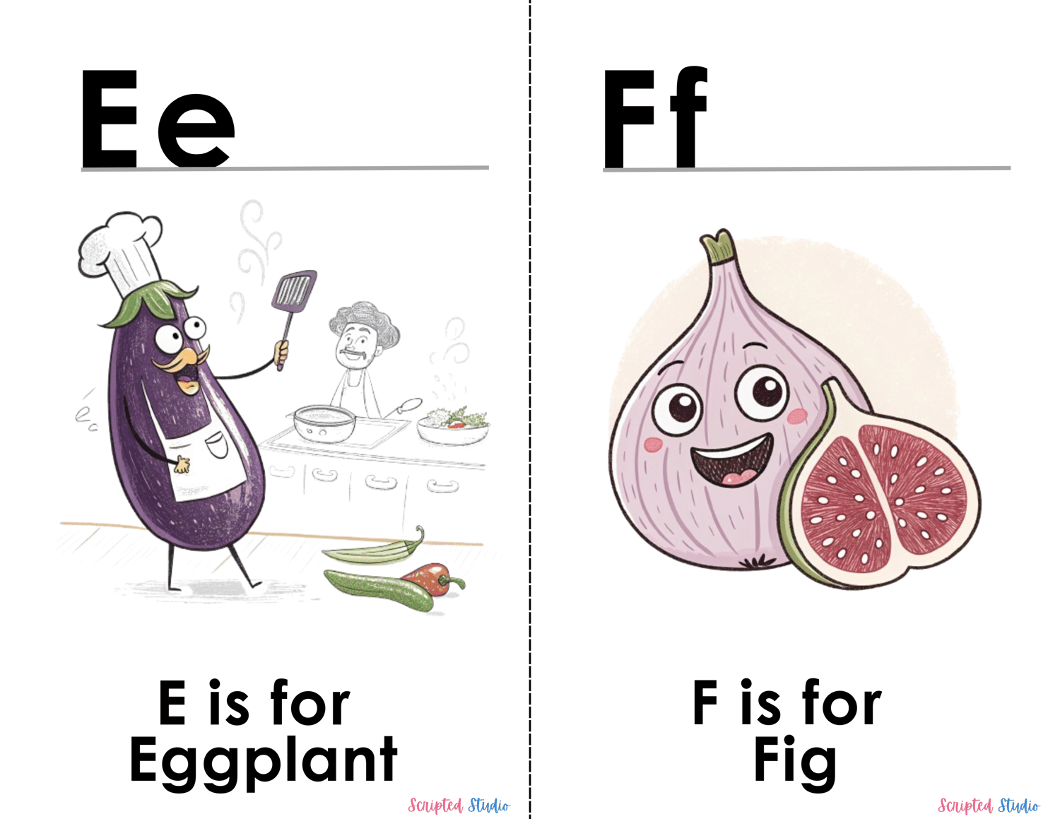 (ABC Watercolor Uppercase and lowercase two flashcards, E is for an eggplant, F is for a fig smiling)