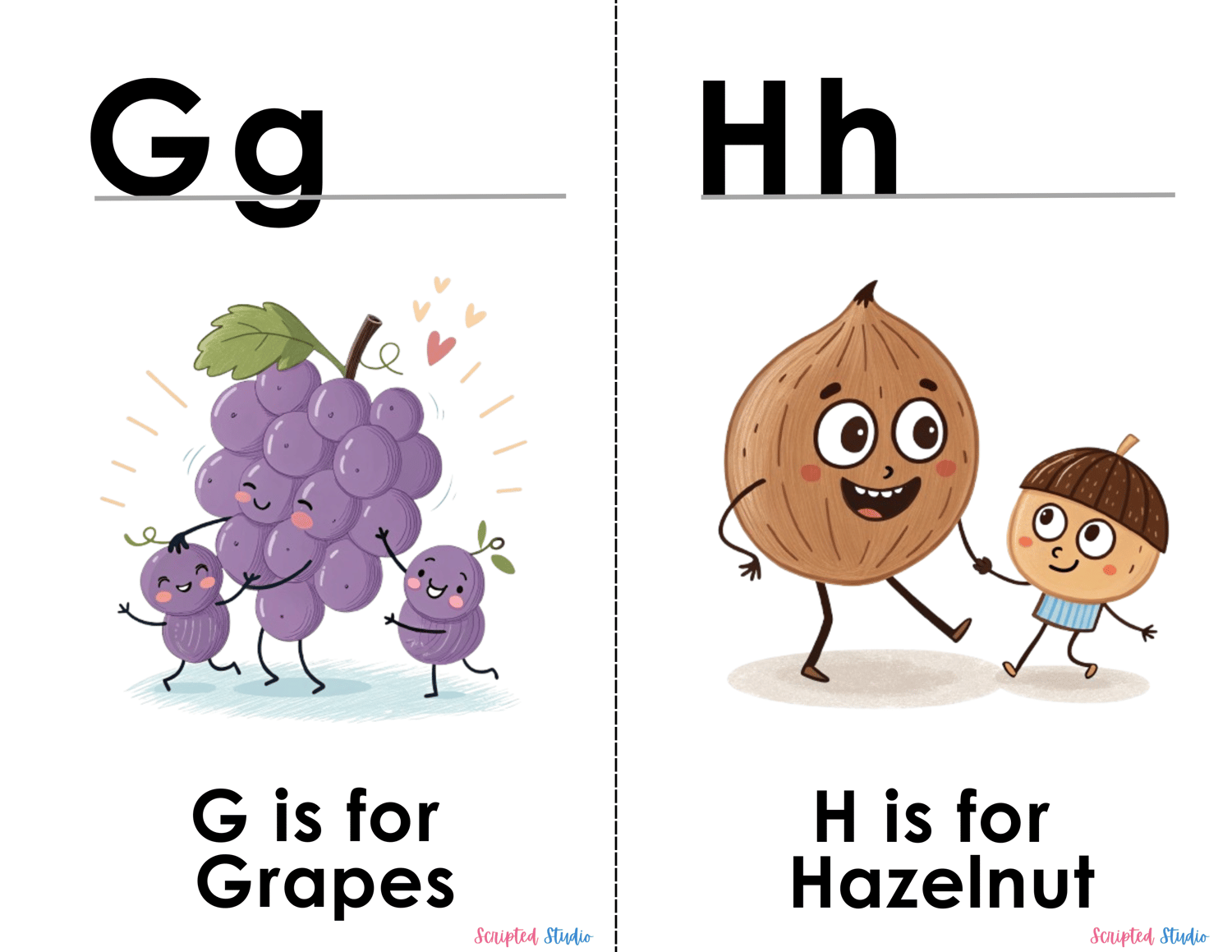 (ABC Watercolor Uppercase and lowercase two flashcards G is for a grapes holding hands, and H is for a hazelnut acting like a family )
