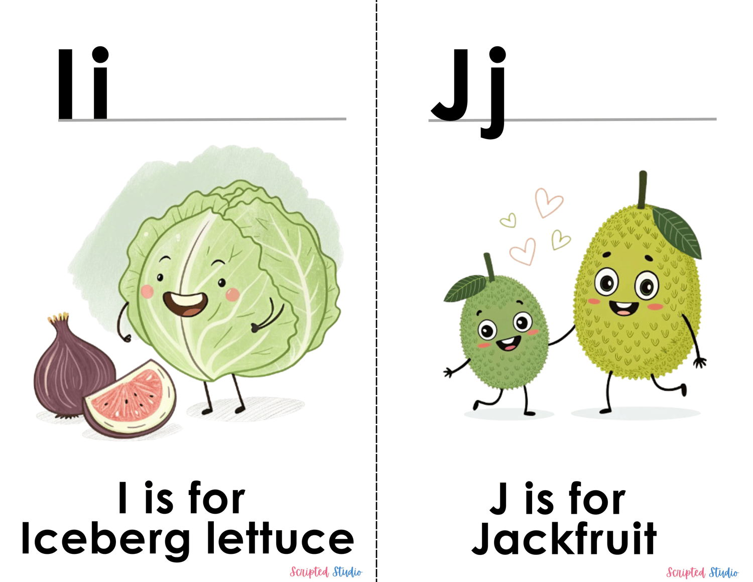 (ABC Watercolor Uppercase and lowercase two flashcards, I is for iceberg lettuce, J is for a jake fruit)